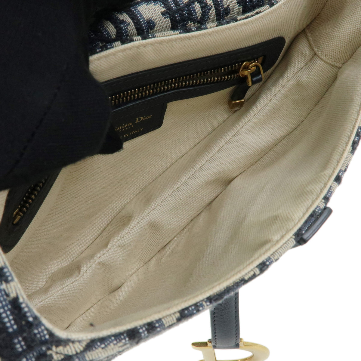 Christian Dior Saddle Oblique Jaquard Canvas Leather Shoulder Bag Navy