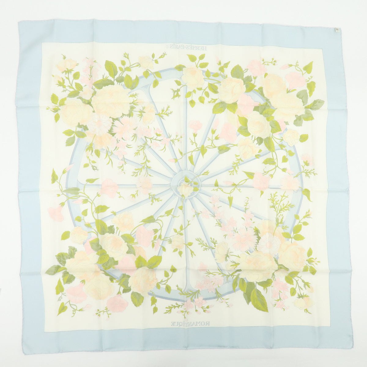 HERMES Carre 90 Silk 100% Scarf ROMANTIQUE Light Blue Light Green Pink