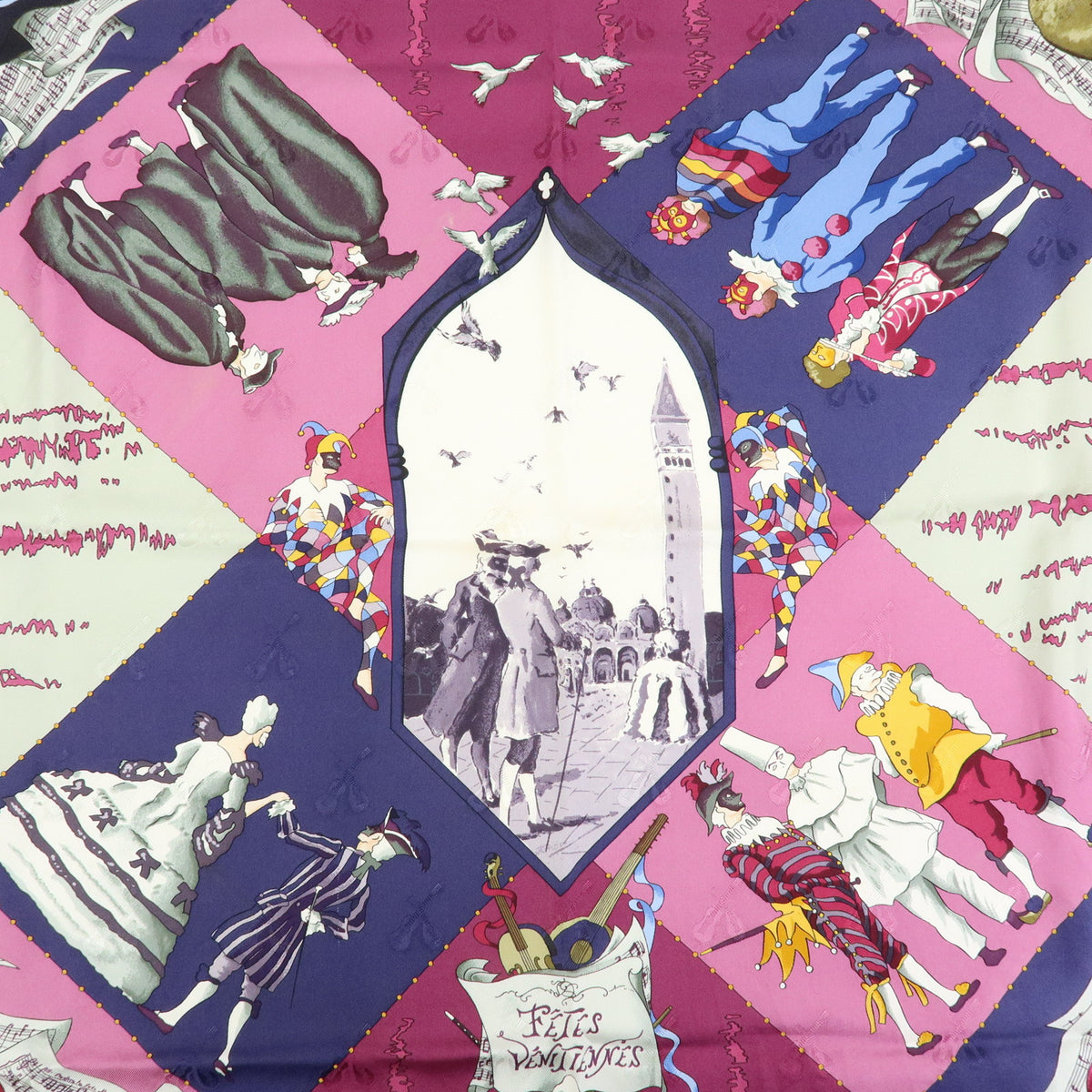 HERMES Carre 90 Silk 100% Scarf Fetes Venitiennes Purple