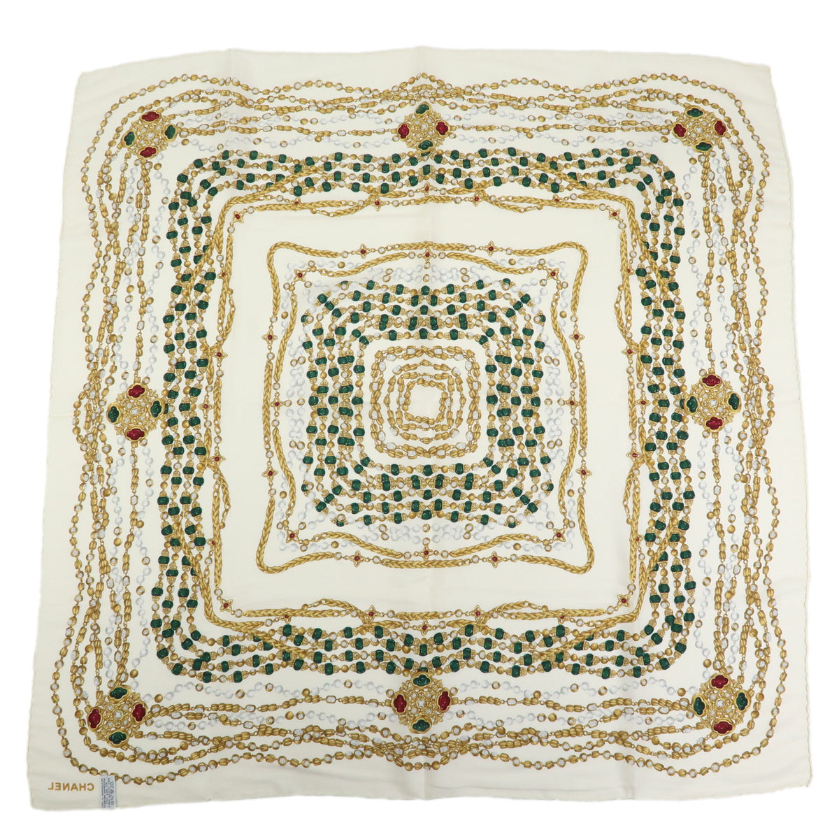 CHANEL Silk 100% Scarf Chain Print White Yellow
