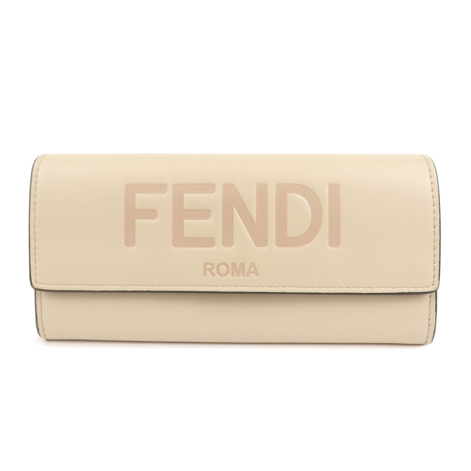 FENDI Logo Leather Flap Continental Long Wallet Beige 8M0251