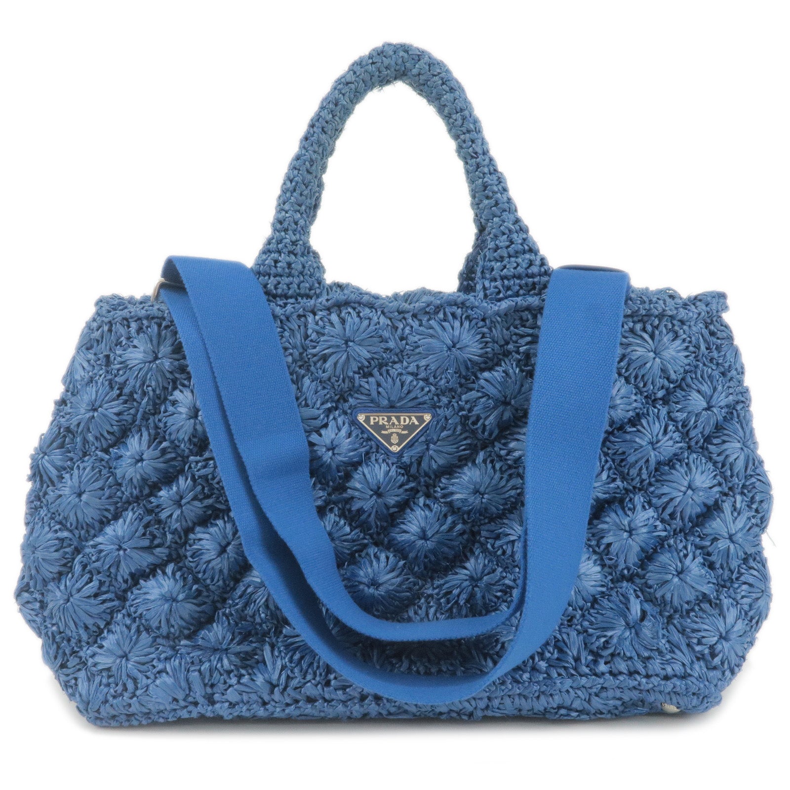 PRADA Tote Bag Raffia Crocket Blue Japan [Used]