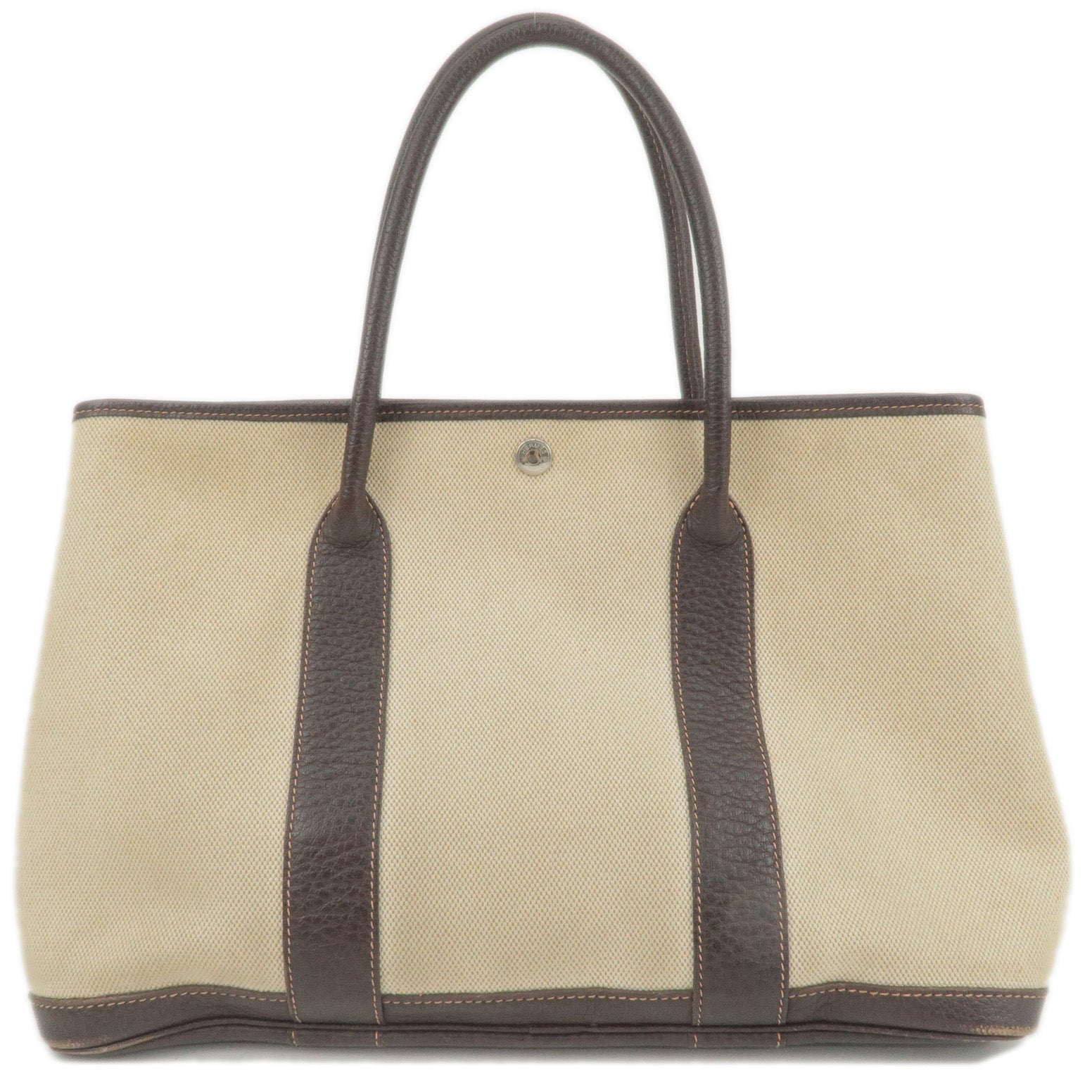 Hermes Garden Party PM Camel Brown Leather Beige Canvas Hand Bag