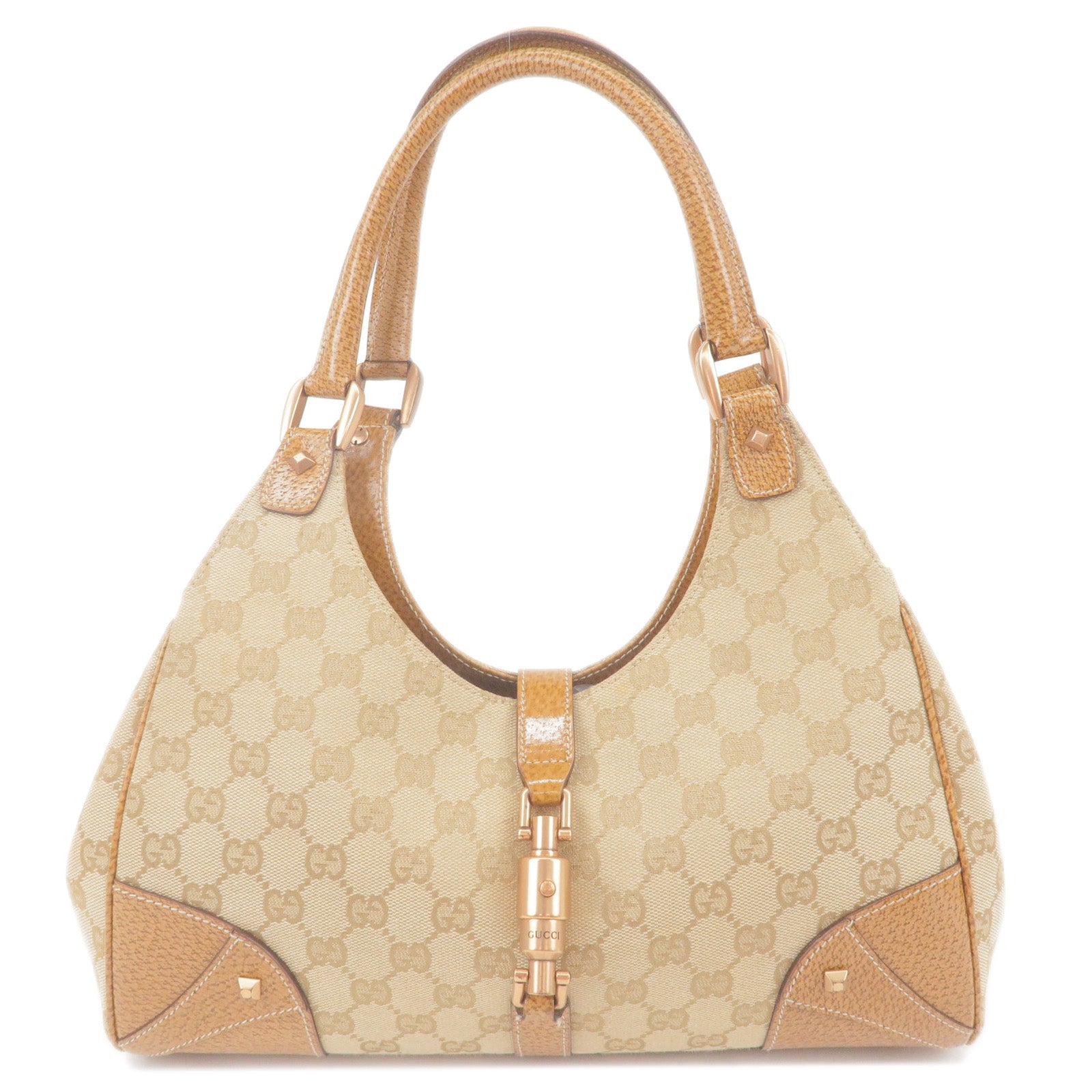 GUCCI-Jackie-GG-Canvas-Leather-Shoulder-Bag-Beige-Brown-124407