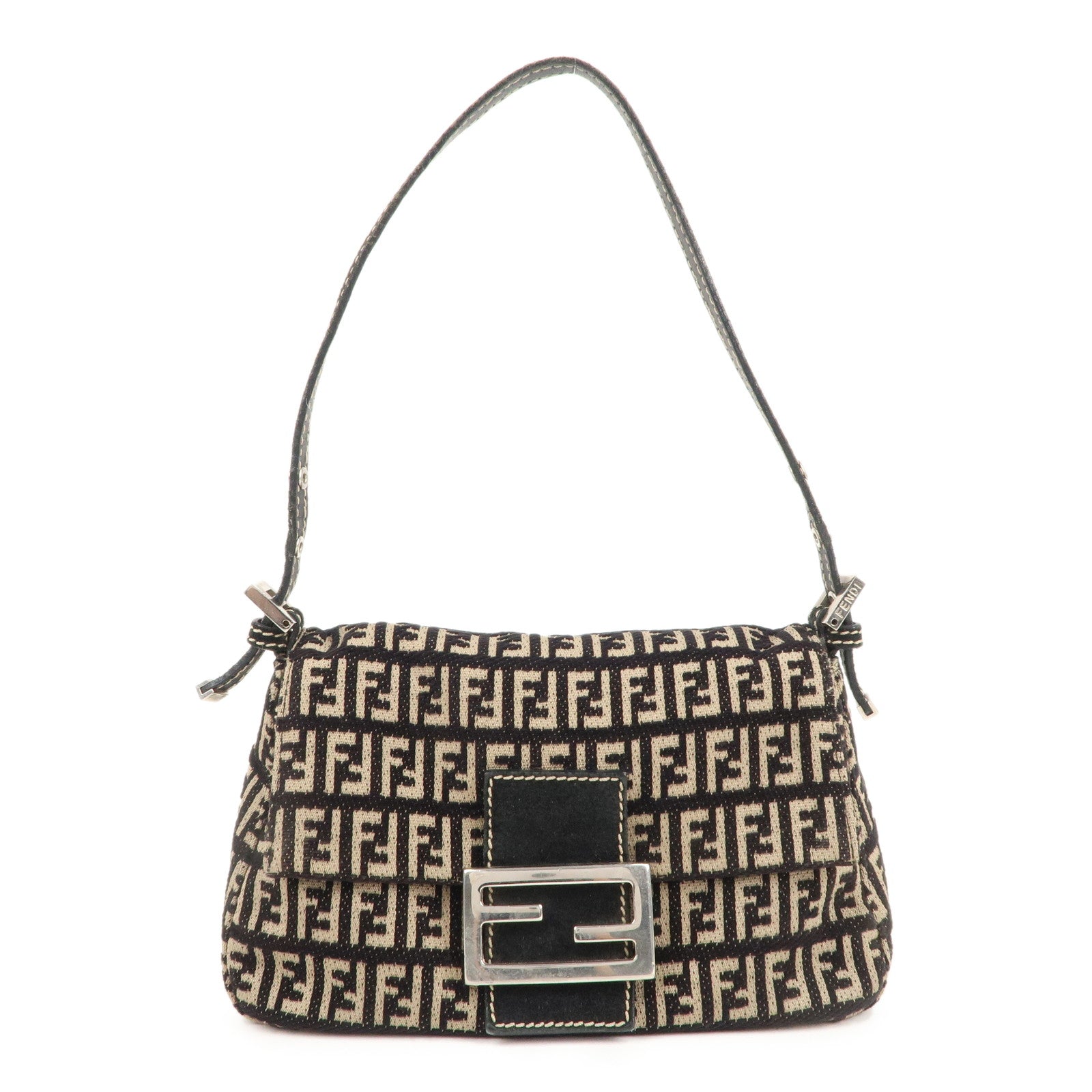 Fendi Women’s Bag Black Zucchino Mini Pochette Handbag Purse Logo Leather  Strap