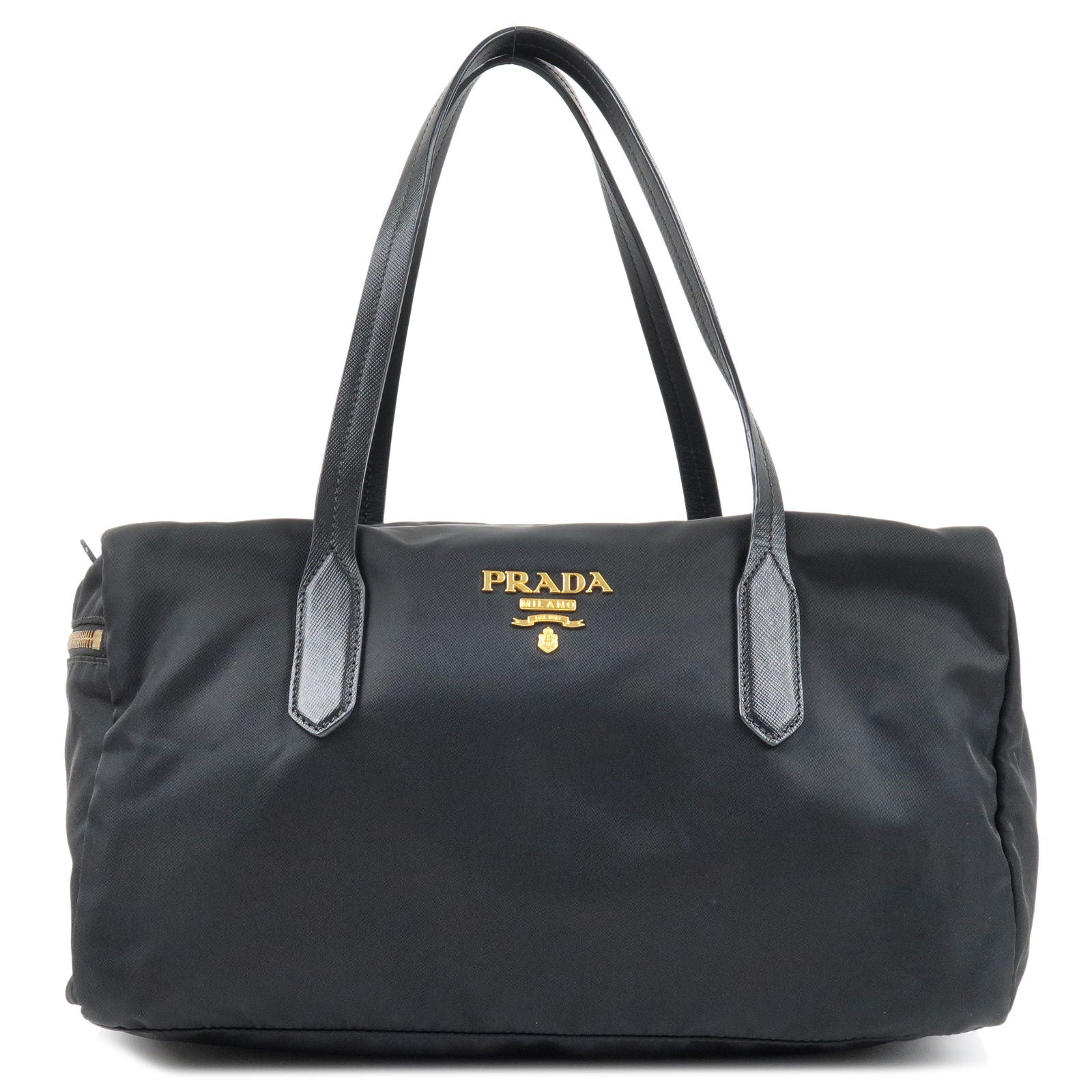 PRADA NYLON CANVAS BAG BLACK LEATHER HANDLES SHOULDER TOTE 12 x 7 x 3  VINTAGE