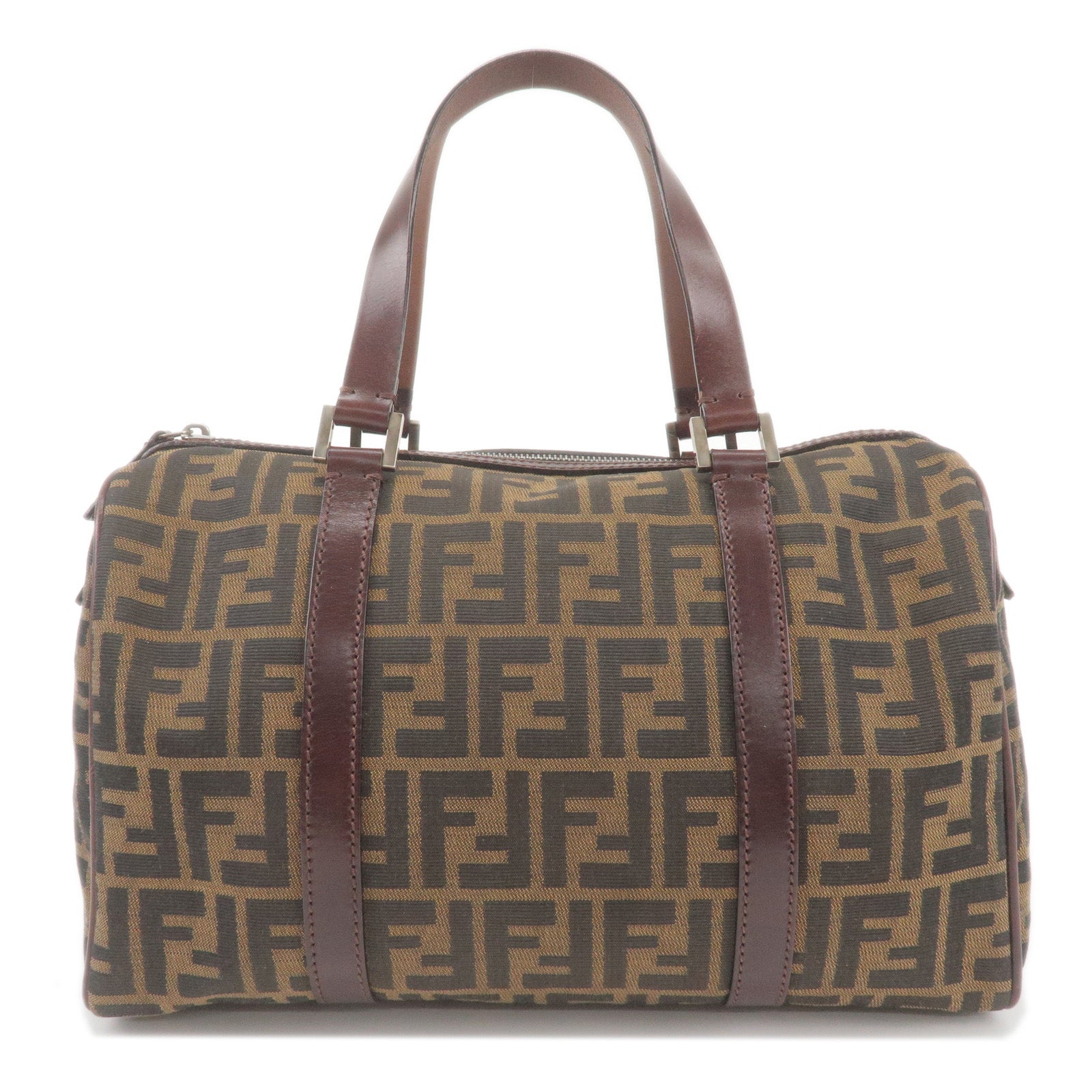 FENDI-Zucca-Print-Canvas-Leather-Boston-Bag-Khaki-Black-16327