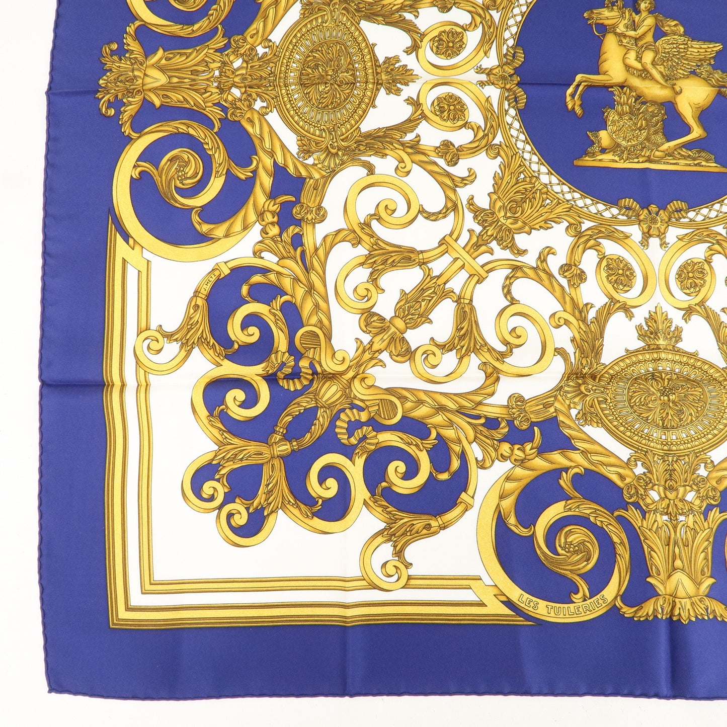HERMES Carre 90 100% Silk Scarf Les Tuileries Navy White