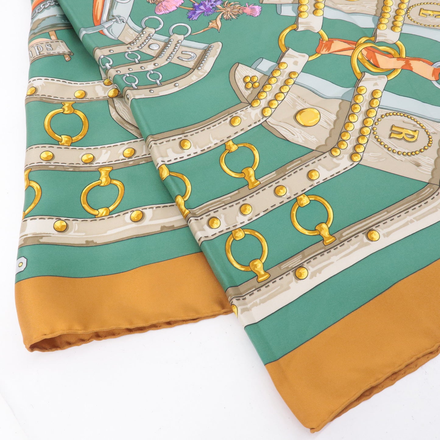 HERMES Carre 90 100% Silk Scarf AUX Champs Green Brown