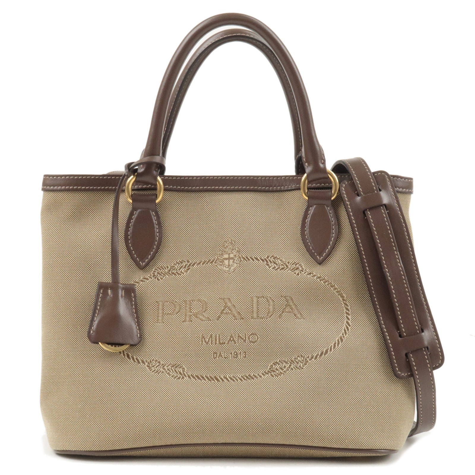 Used Prada Jacquard Logo Canvas Leather Tote Shoulder Bag