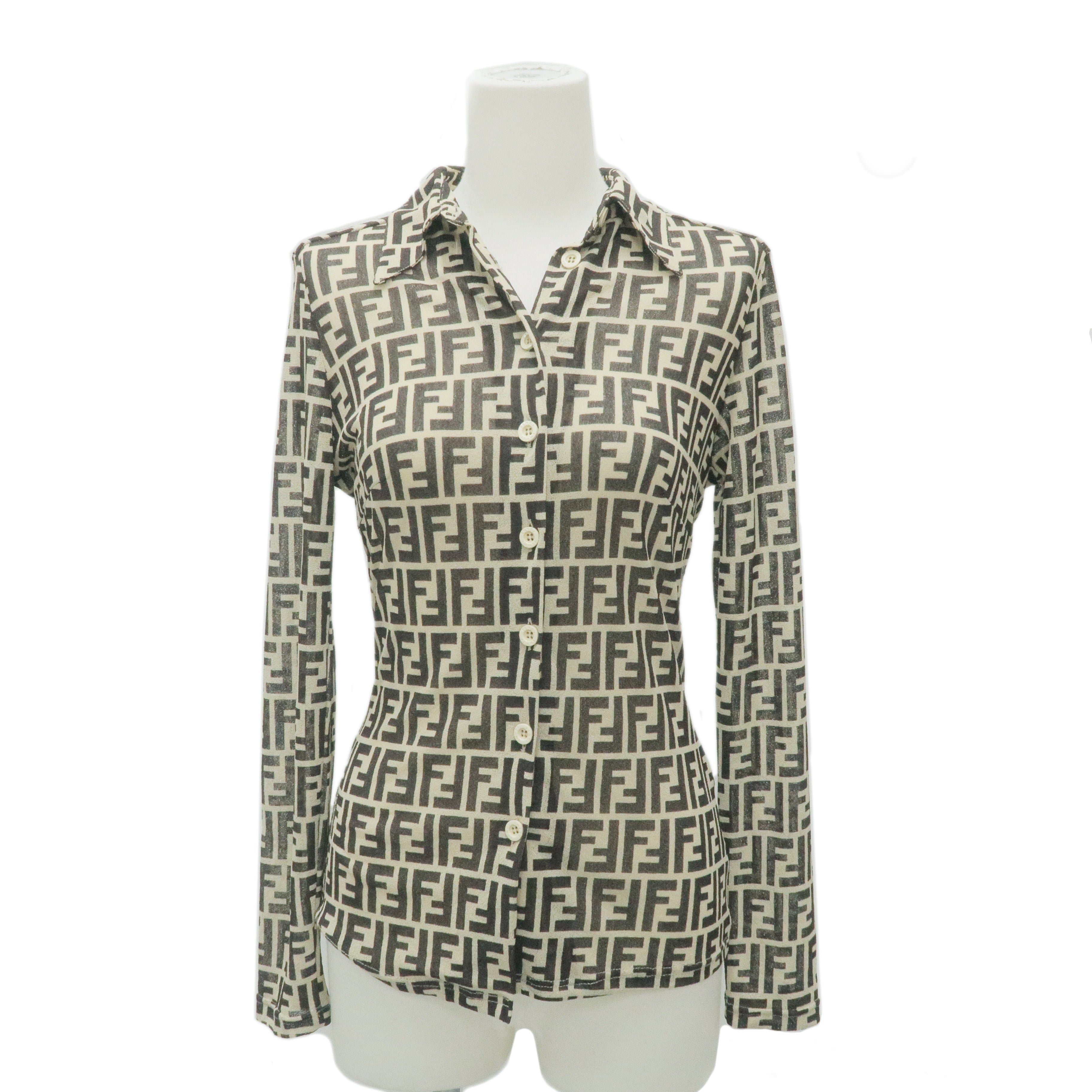 FENDI Zucca 100% Polyester See-through Shirt Size I42 Beige Brown Used