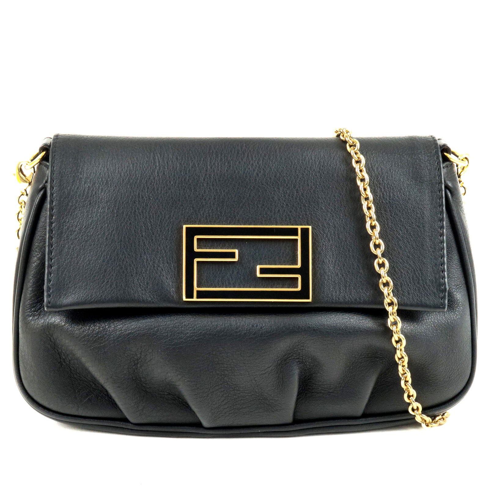 Fendi Women’s Bag Black Zucchino Mini Pochette Handbag Purse Logo Leather  Strap