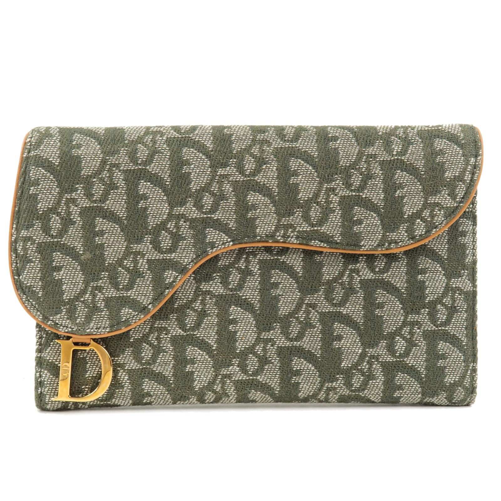 Christian-Dior-Trotter-Canvas-Leather-Saddle-Tri-fold-Wallet-Green