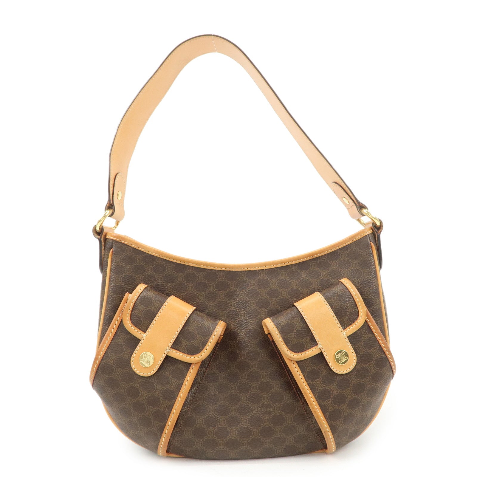 CELINE-Macadam-PVC-Leather-Shoulder-Bag-Dark-Brown-Beige