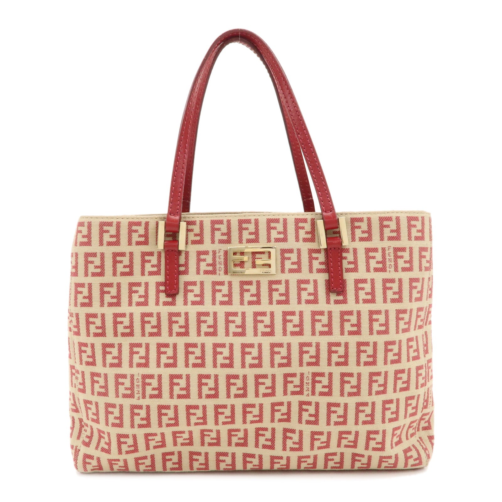 FENDI-Zucchino-Canvas-Leather-Tote-Hand-Bag-Beige-Red-8BH132