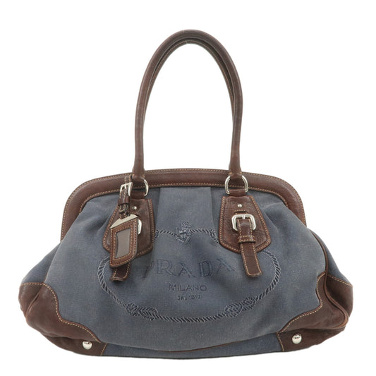 PRADA-Logo-Jacquard-Leather-Tote-Bag-Hand-Bag-Blue-Dark-Brown