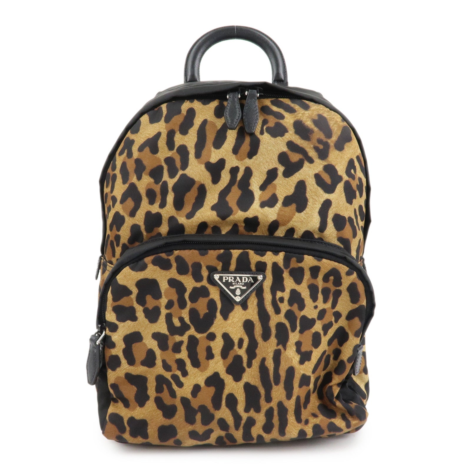 PRADA-Leopard-Nylon-Leather-Rucksack--Black-Brown-1BZ001