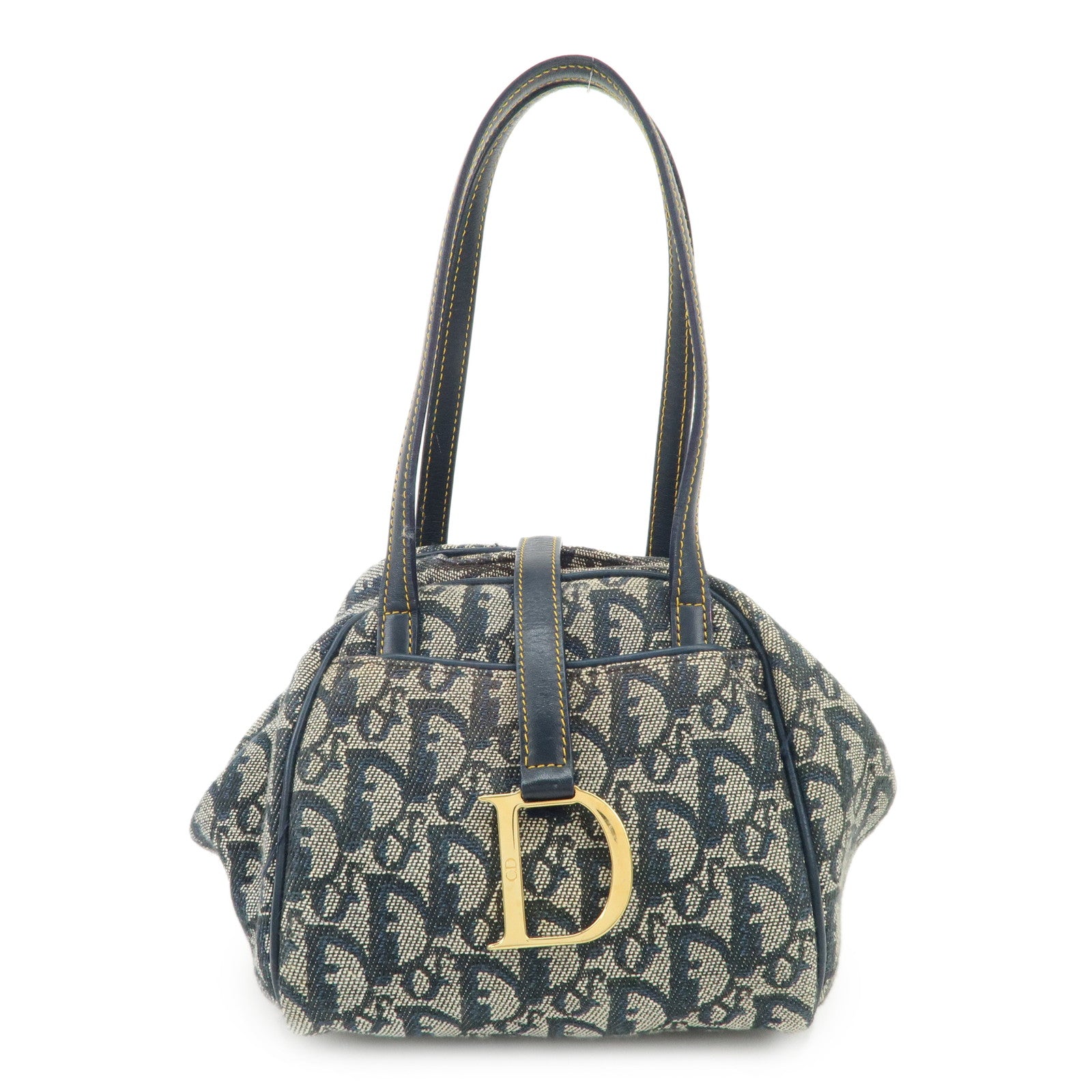 Christian-Dior-Trotter-Canvas-Leather-Hand-Bag-Navy-White