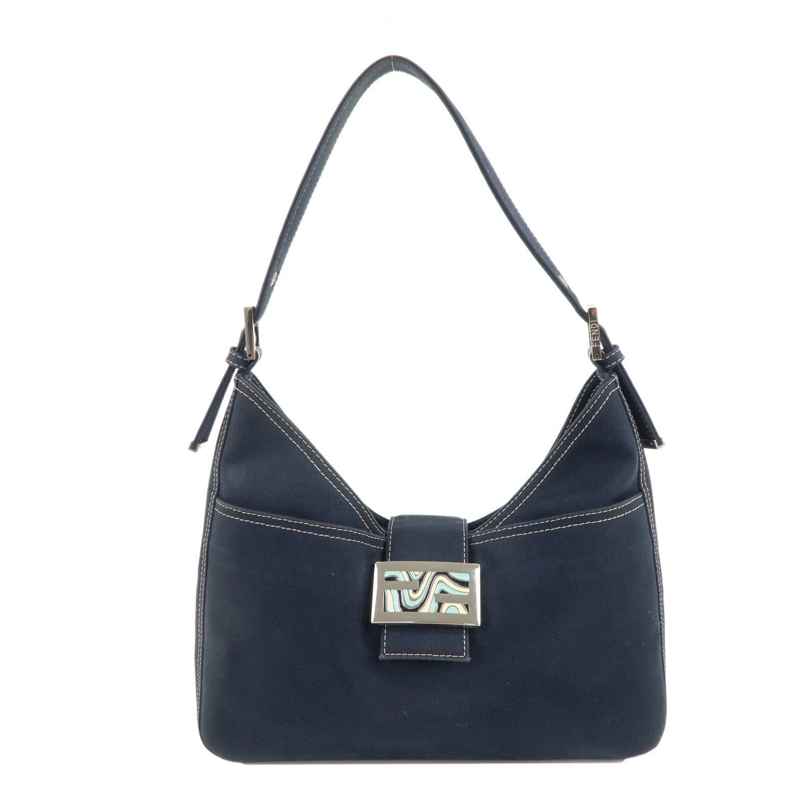 FENDI-Cnavas-Leather-Hand-Bag-Shoulder-Bag-Navy-Silver-Hardware