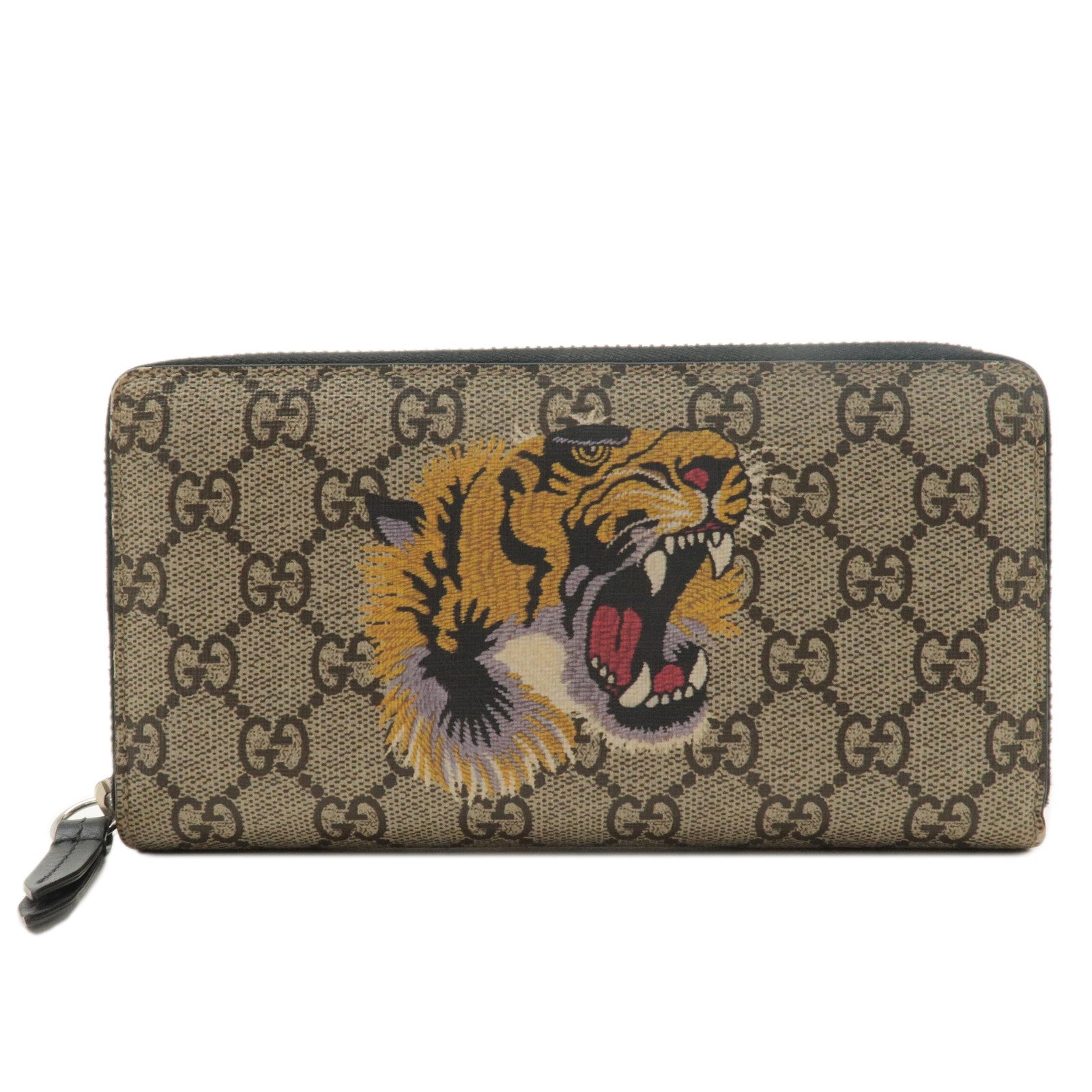 GUCCI GG Supreme Tiger Zip Round Long Wallet Beige Brown 451273