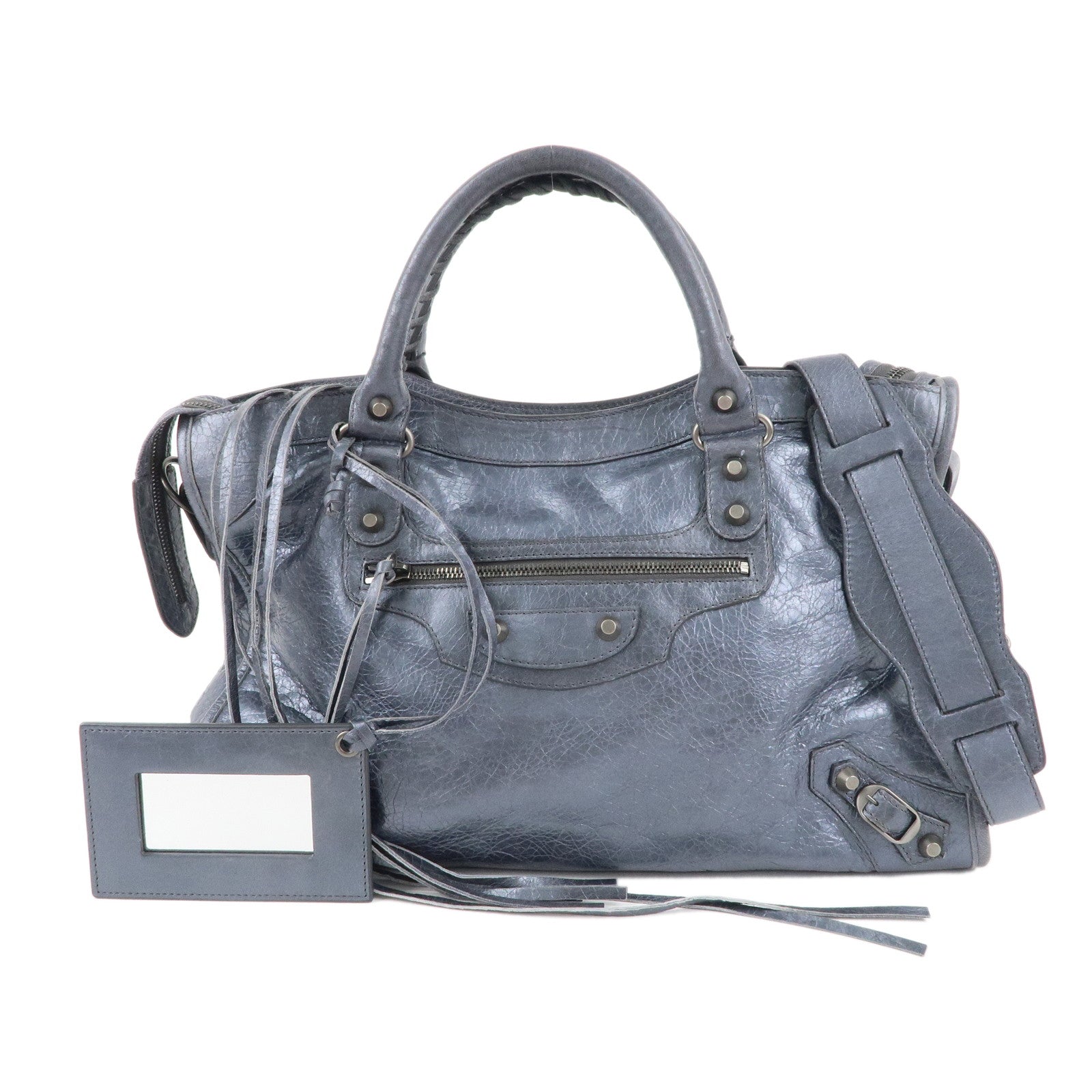 BALENCIAGA The City Leather 2Way Hand Bag Metallic Blue 115748