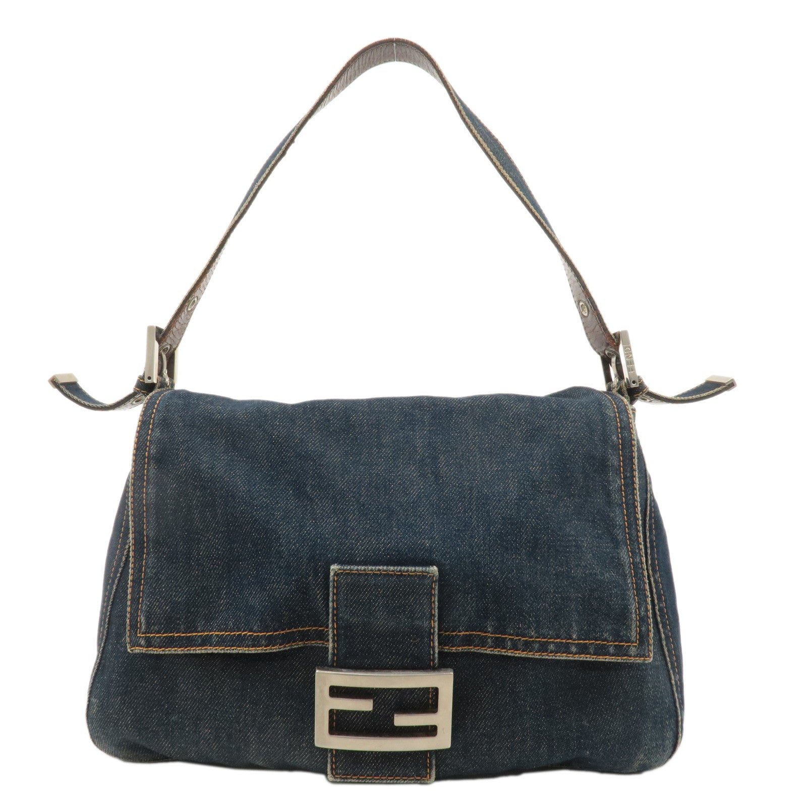 FENDI Denim Leather Mamma Baguette Shoulder Bag Blue