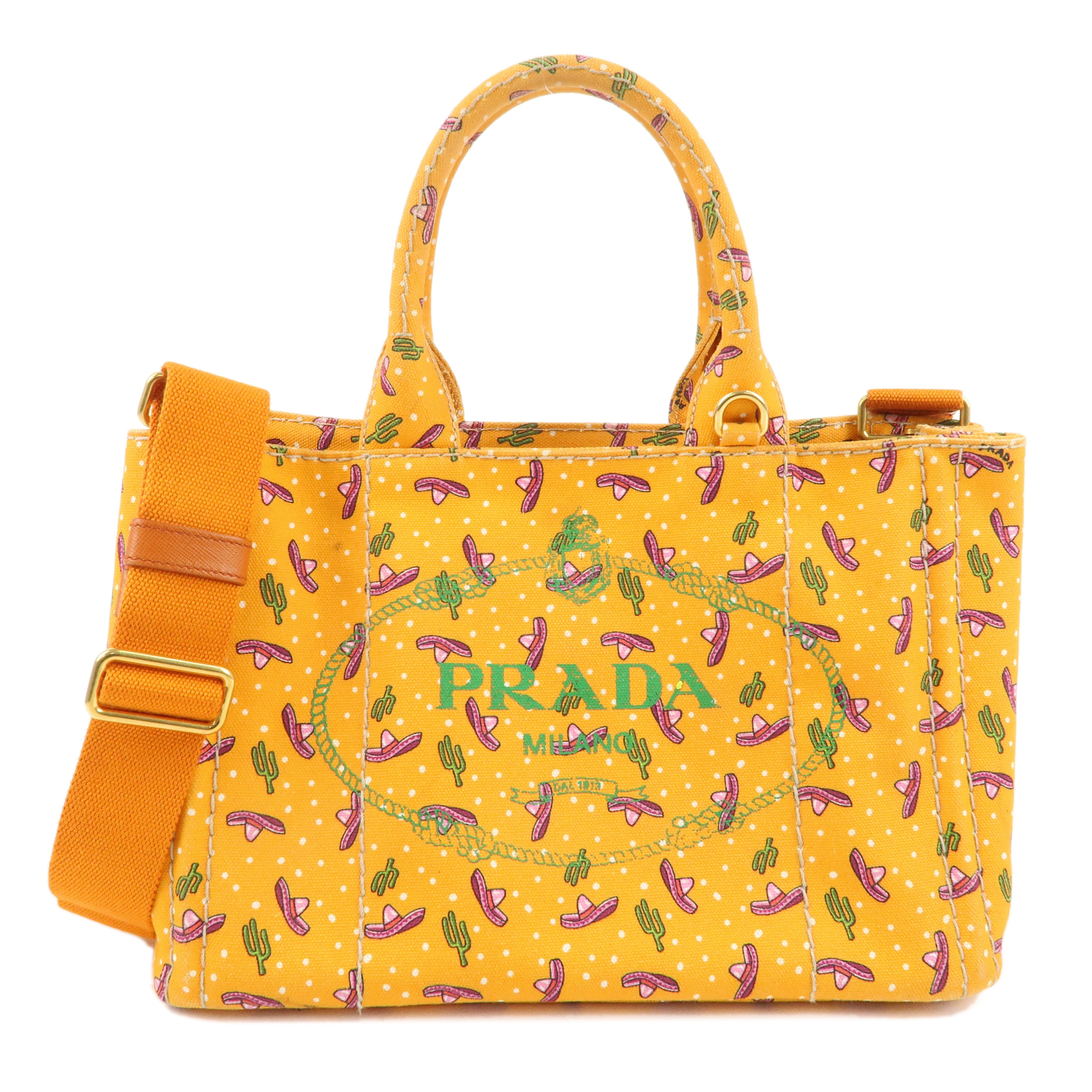 PRADA Canapa Mini Canvas 2Way Bag Cactus Pattern Orange 1BG439