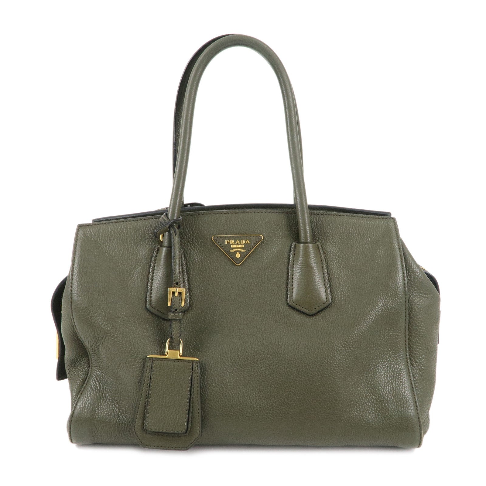 PRADA-Logo-Leather-Hand-Bag-Shoulder-Bag-Khaki