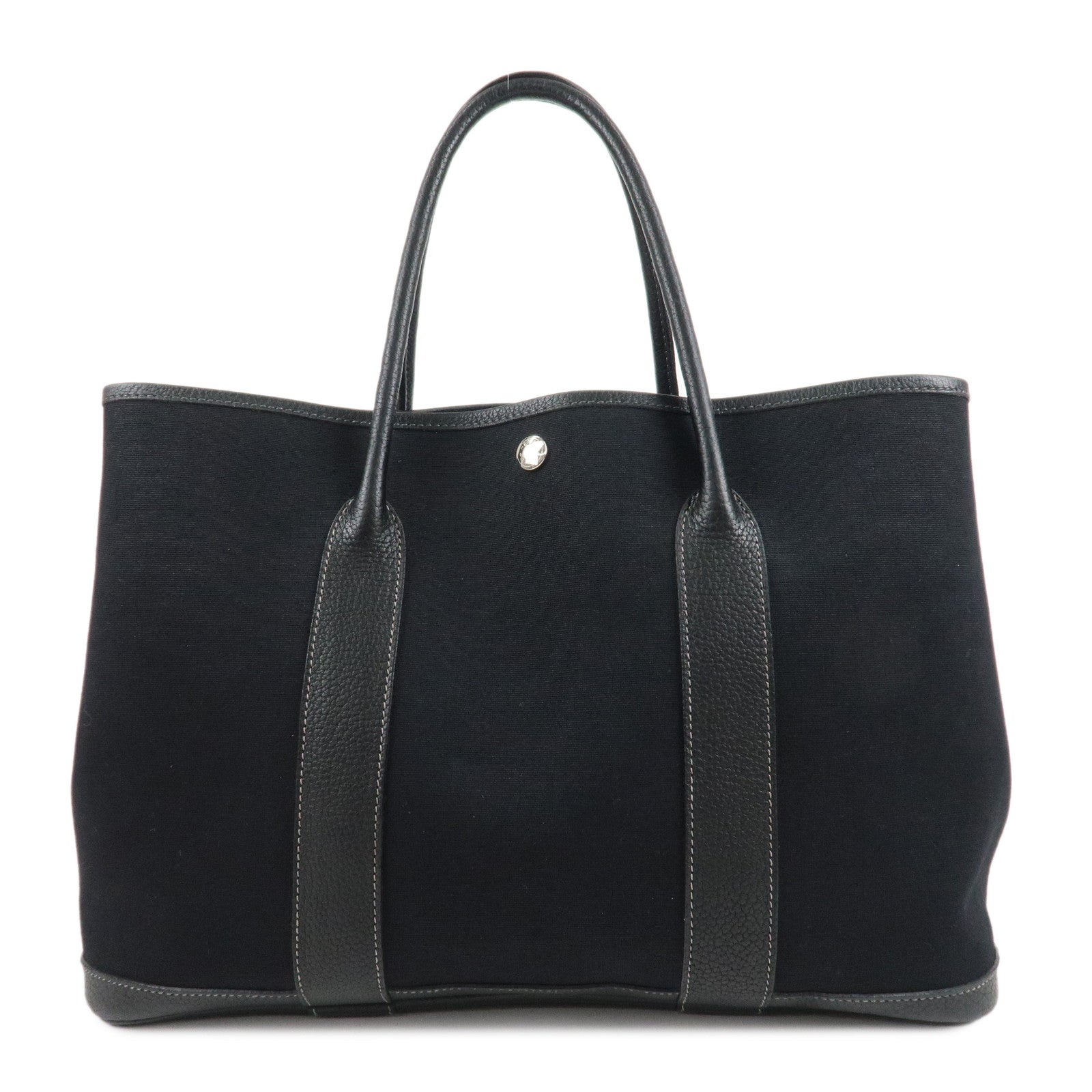 HERMES-Garden-Party-PM-G-Stamped-Canvas-Leather-Tote-Bag-Black