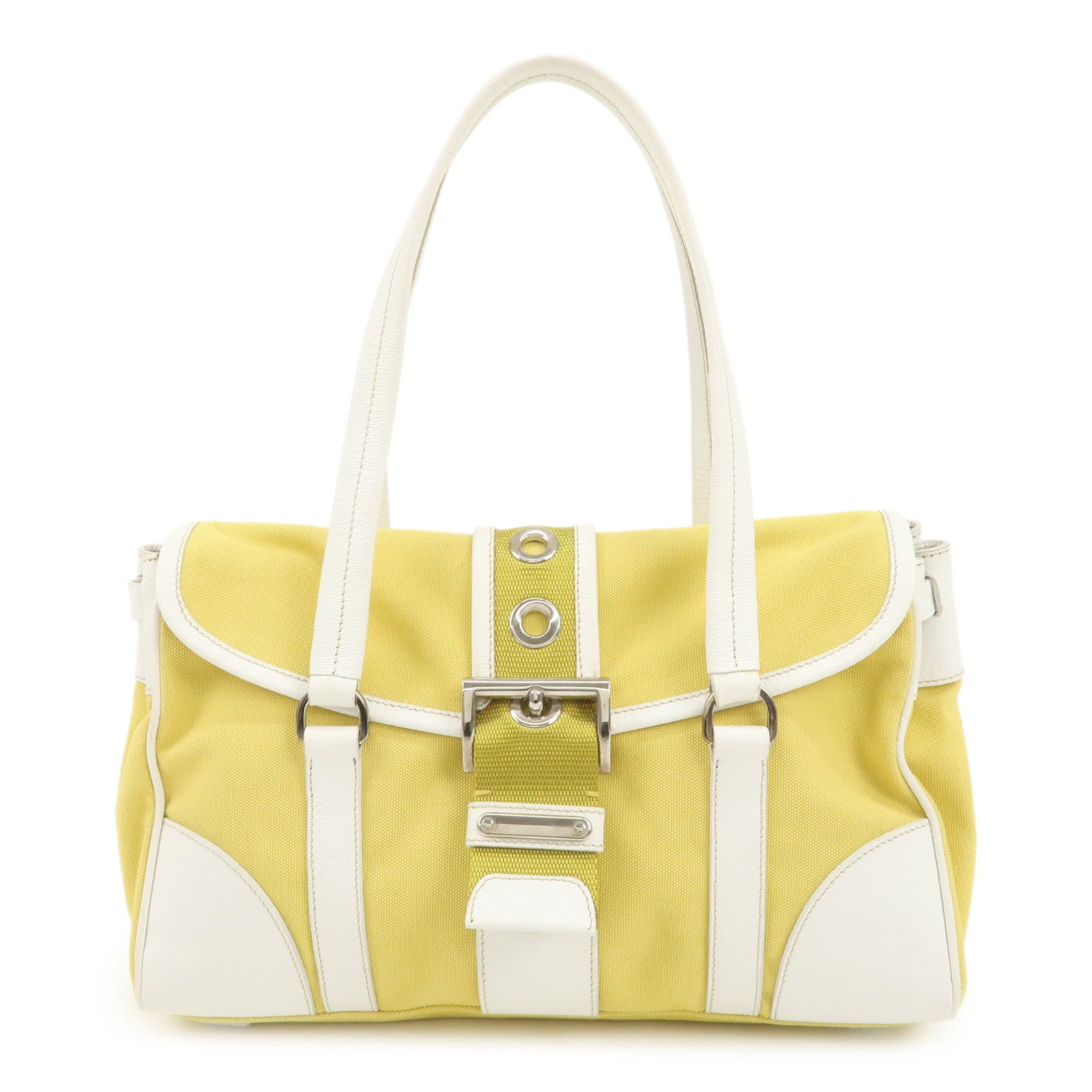 PRADA-Triangle-Logo-Canvas-Leather-Shoulder-Bag-Yellow-Silver-HDW