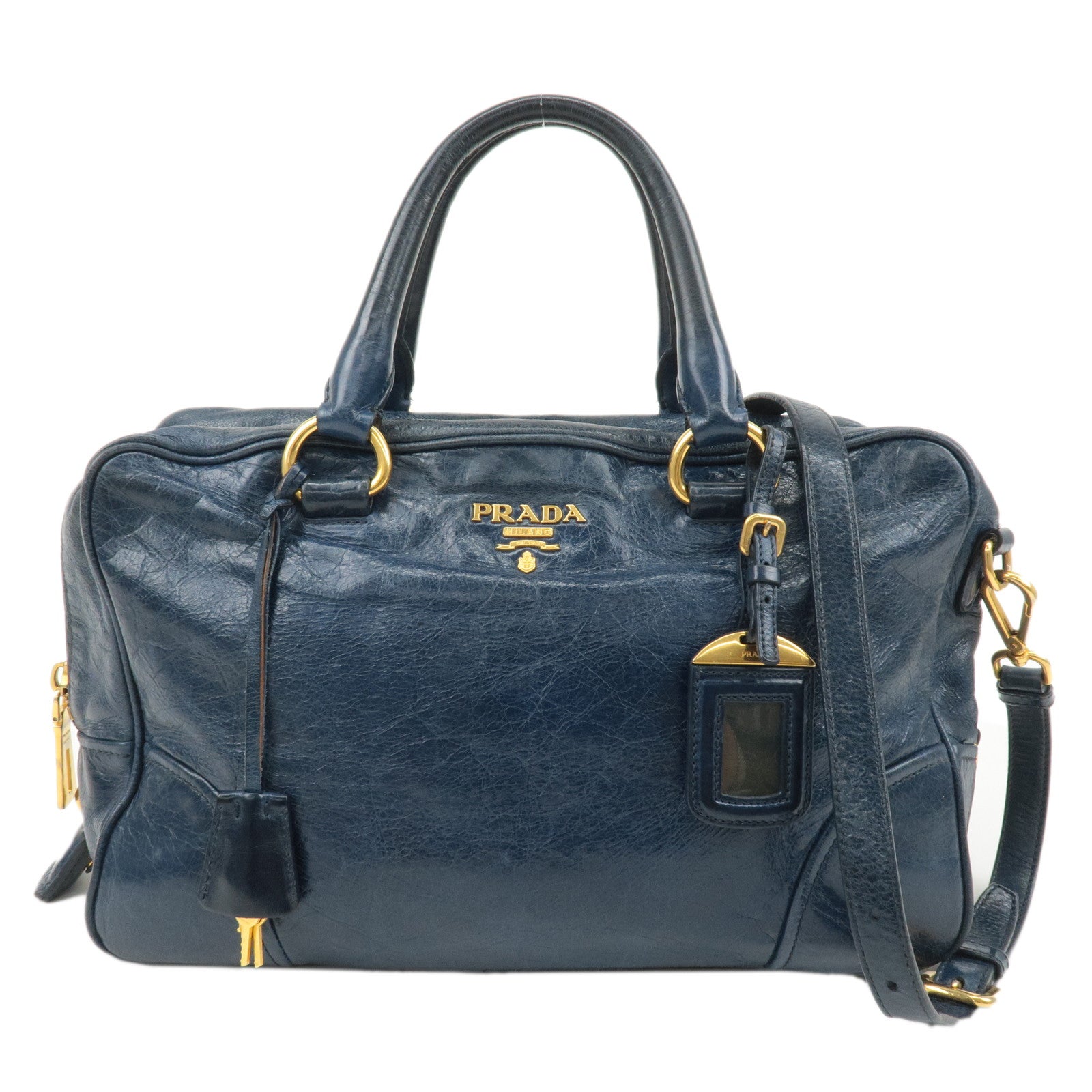 PRADA Leather 2way Hand Bag Shoulder Bag Blue BL0821