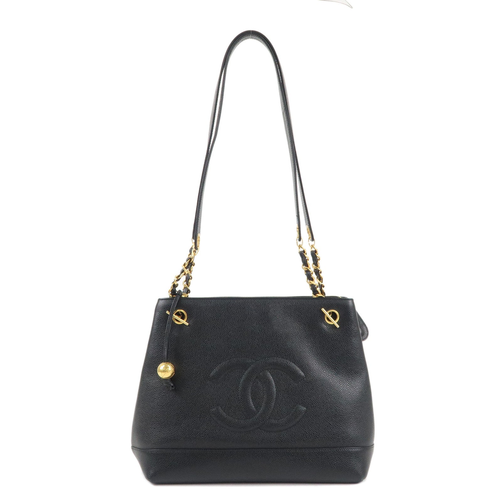 CHANEL-Caviar-Skin-Chain-Tote-Bag-Black-Gold-A03578