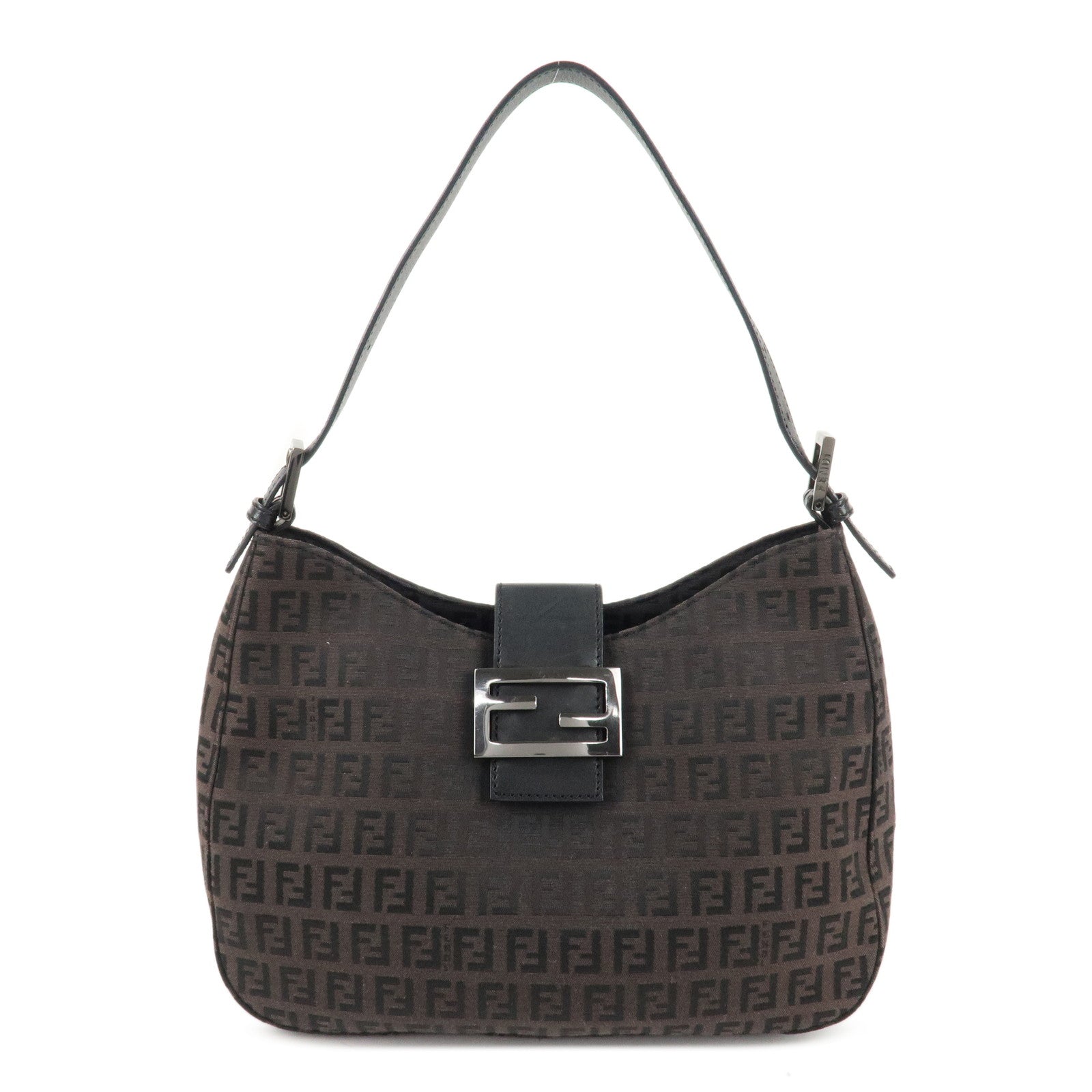 FENDI-Zucchino-Canvas-Leather-Shoulder-Bag-Brown-Black-8BR036