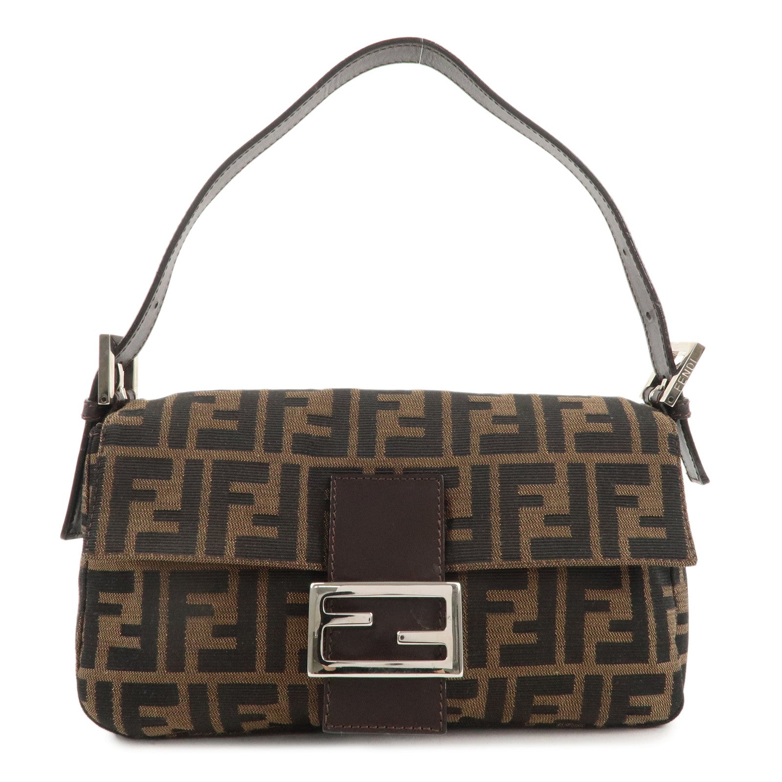 FENDI Mamma Baguette Canvas Leather Shoulder Bag Brown Black 26424