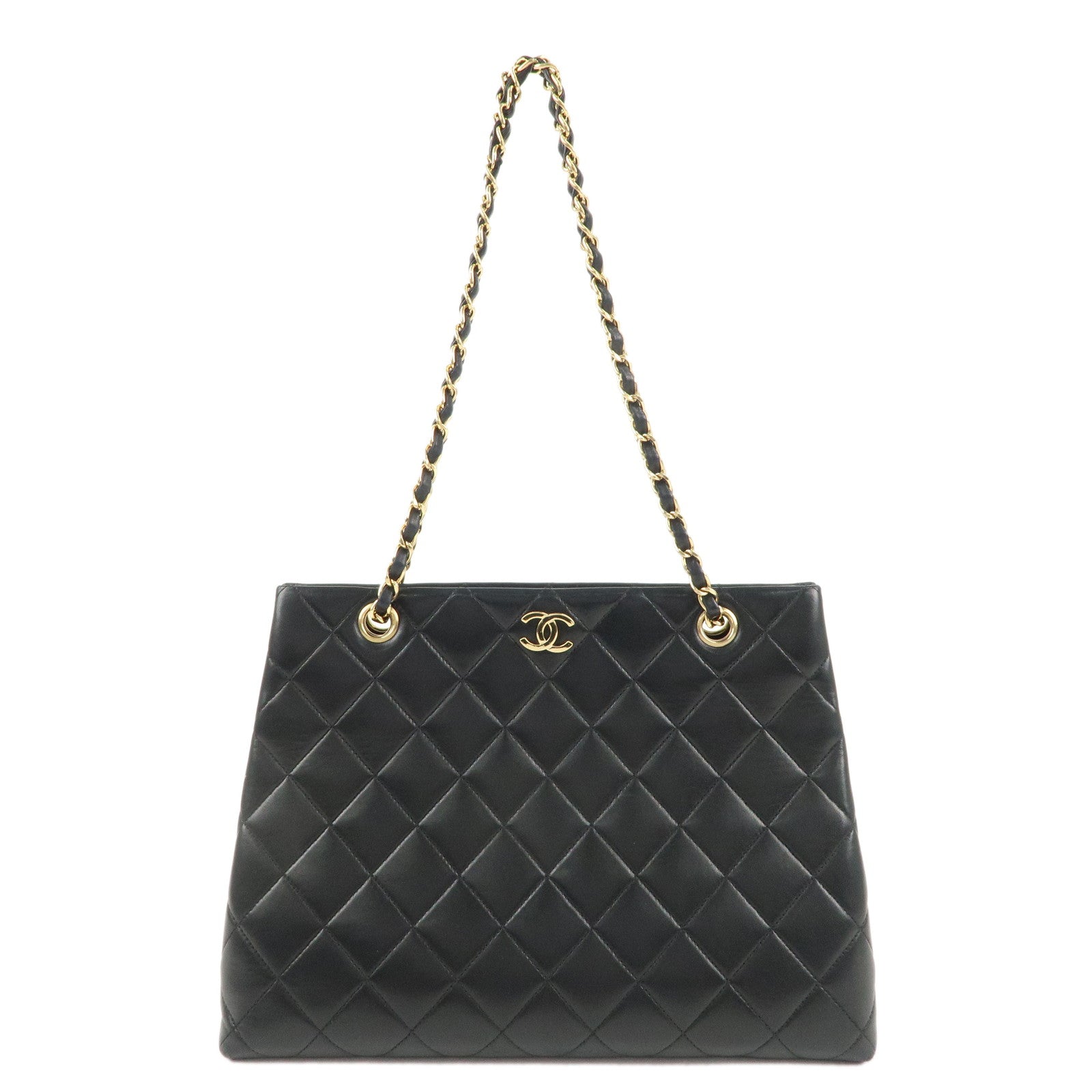 CHANEL-Matelasse-Lamb-Skin-Chain-Tote-Bag-Hand-Bag-Black-Gold