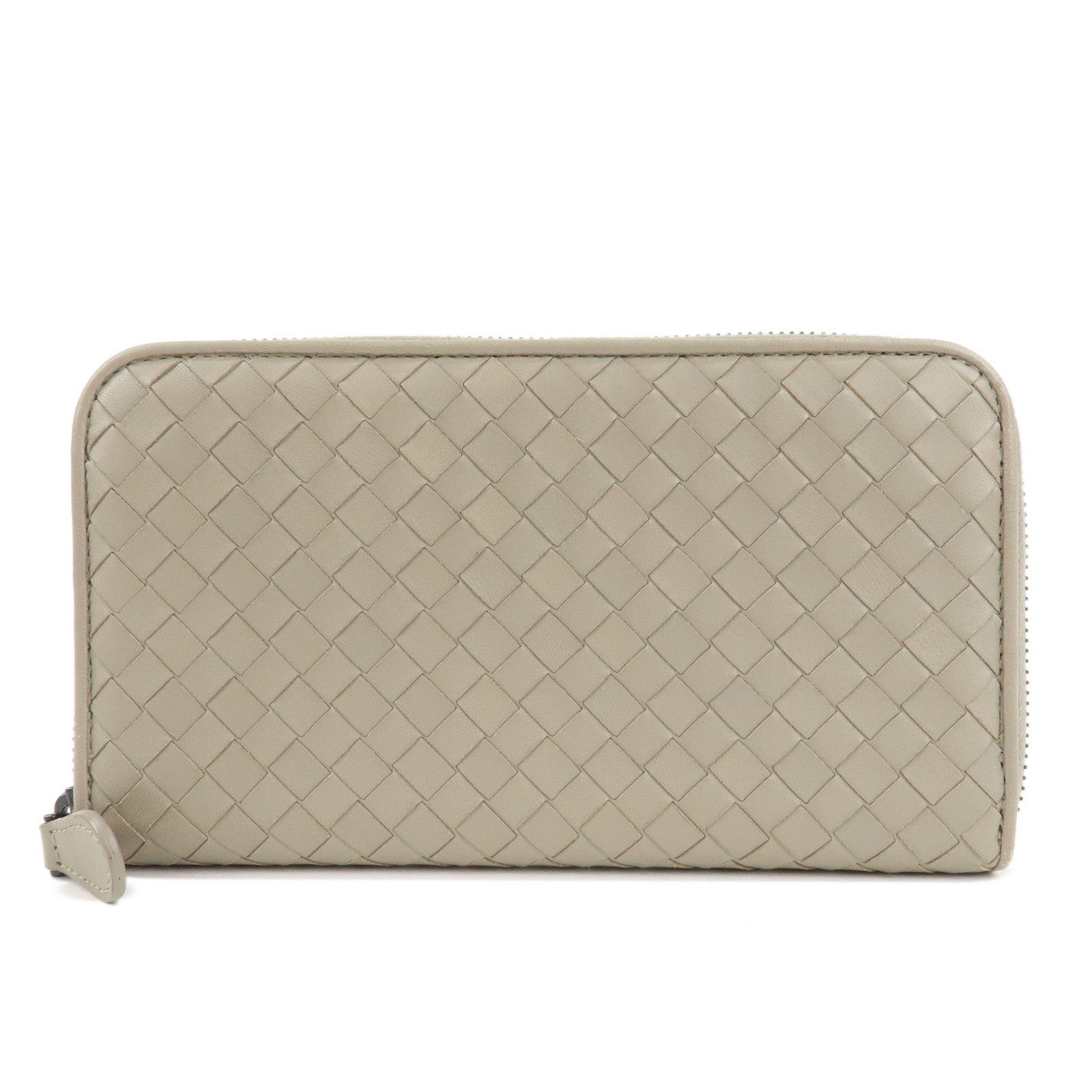 BOTTEGA-VENETA-Intrecciato-Leather-Round-Zipper-Long-Wallet-Gray