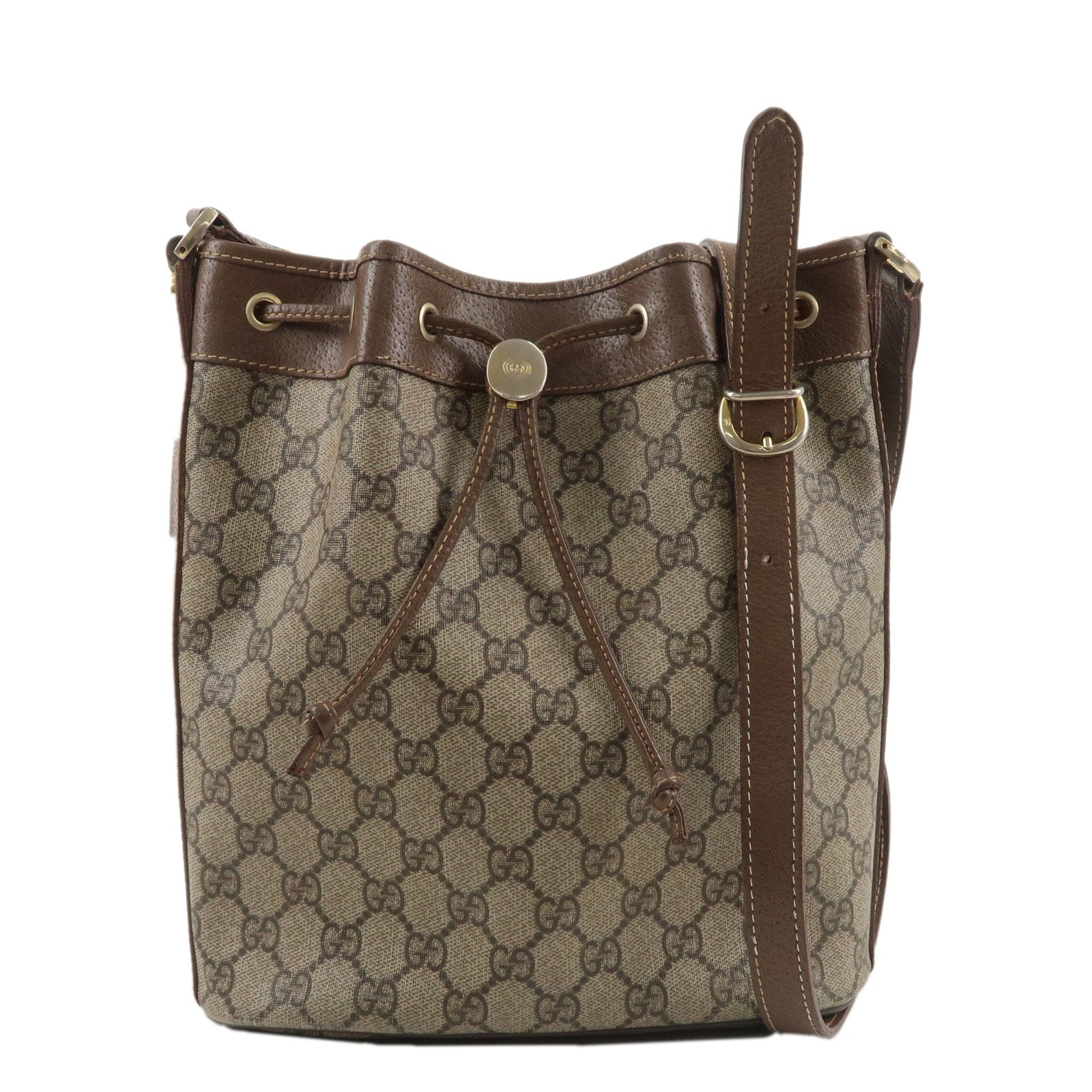 GUCCI-Old-Gucci-GG-Plus-Leather-Drawstring-Shoulder-Bag-Brown