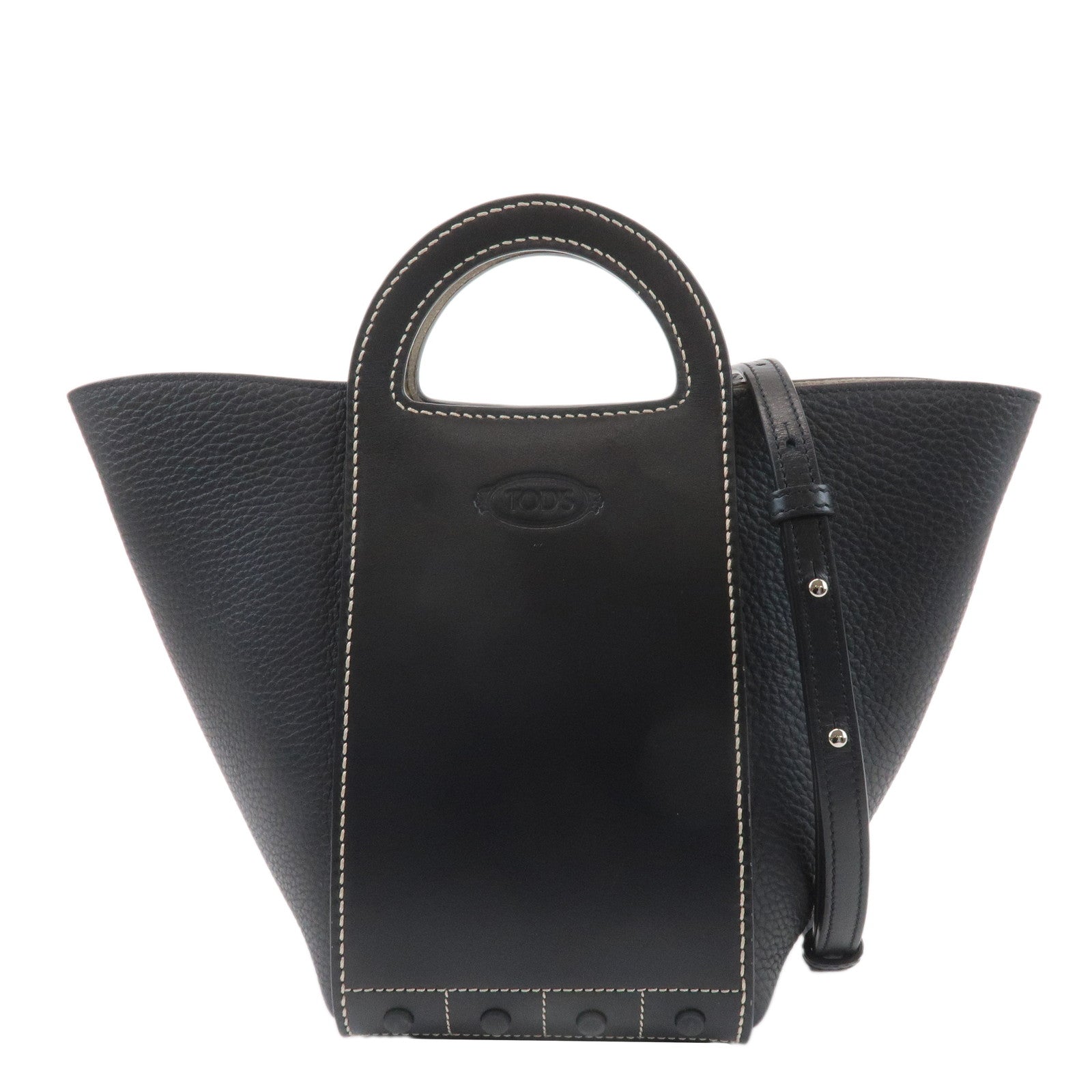 TOD'S-Leather-Gommino-Mini-2WAY-Bag-Tote-Bag-Black