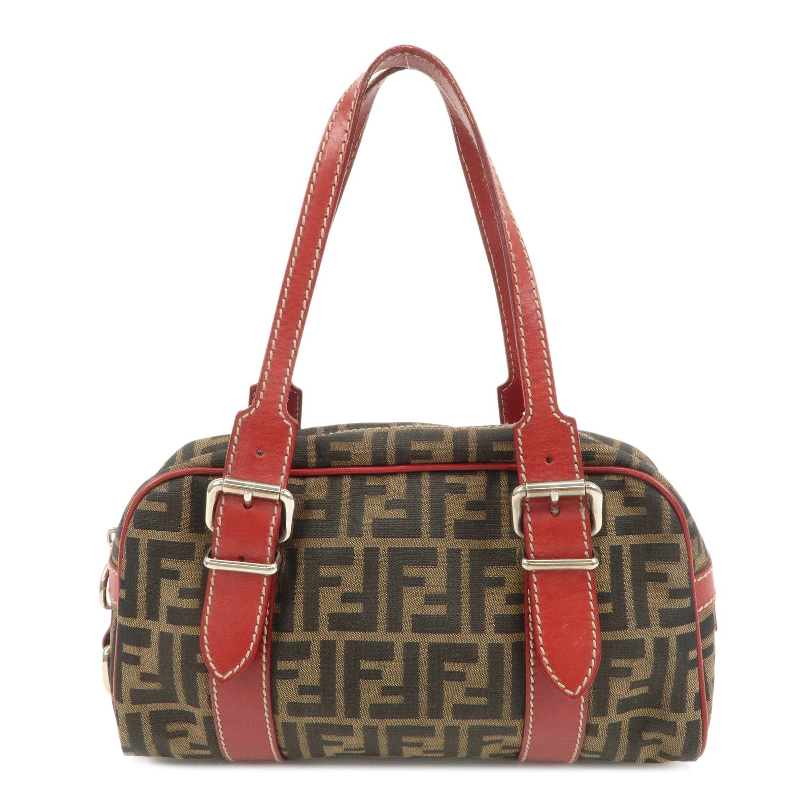 FENDI-Zucca-Canvas-Leather-Boston-Bag-Brown-Black-Red-8BR149