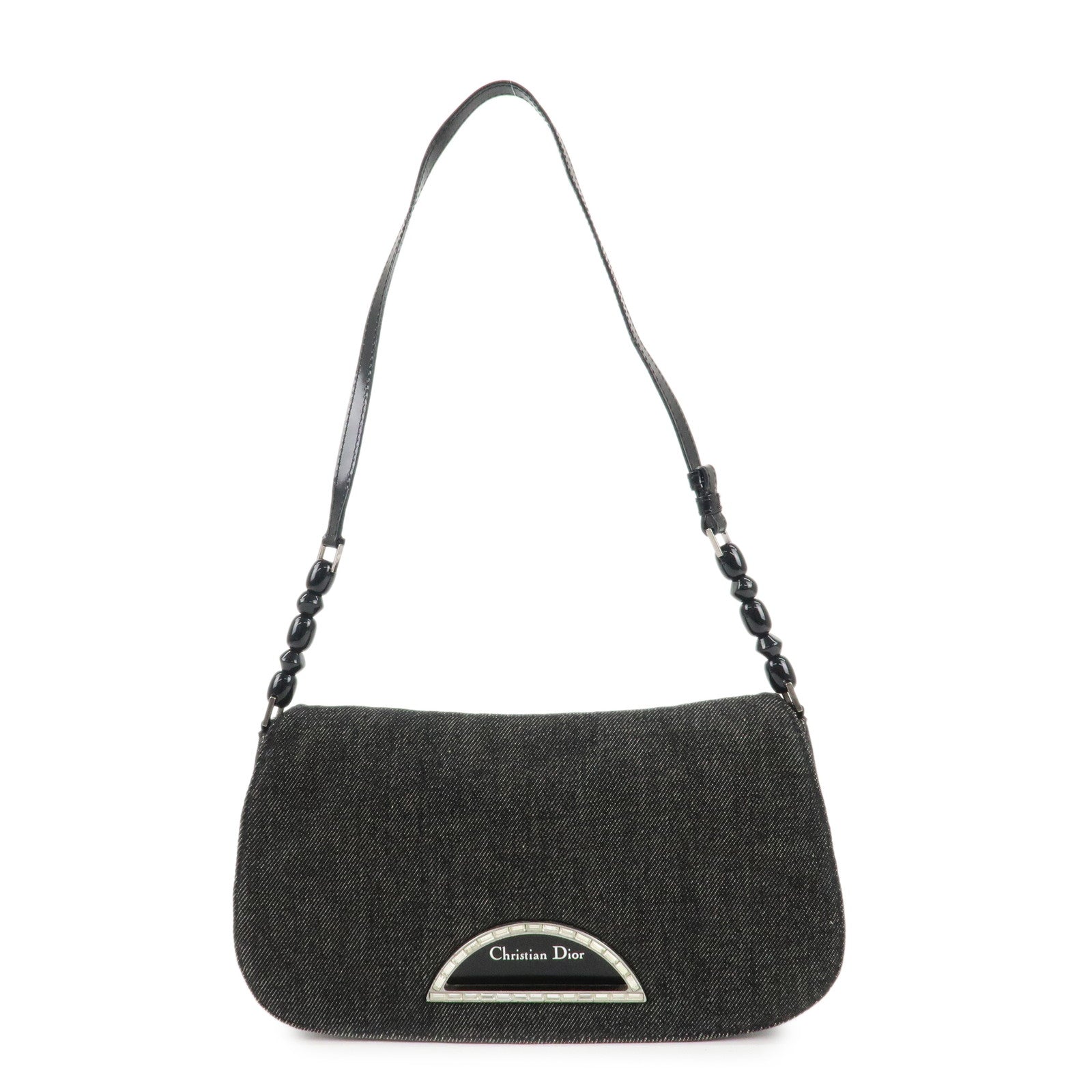 Christinan-Dior-Maris-Pearl-Canvas-Leather-Shoulder-Bag-Black