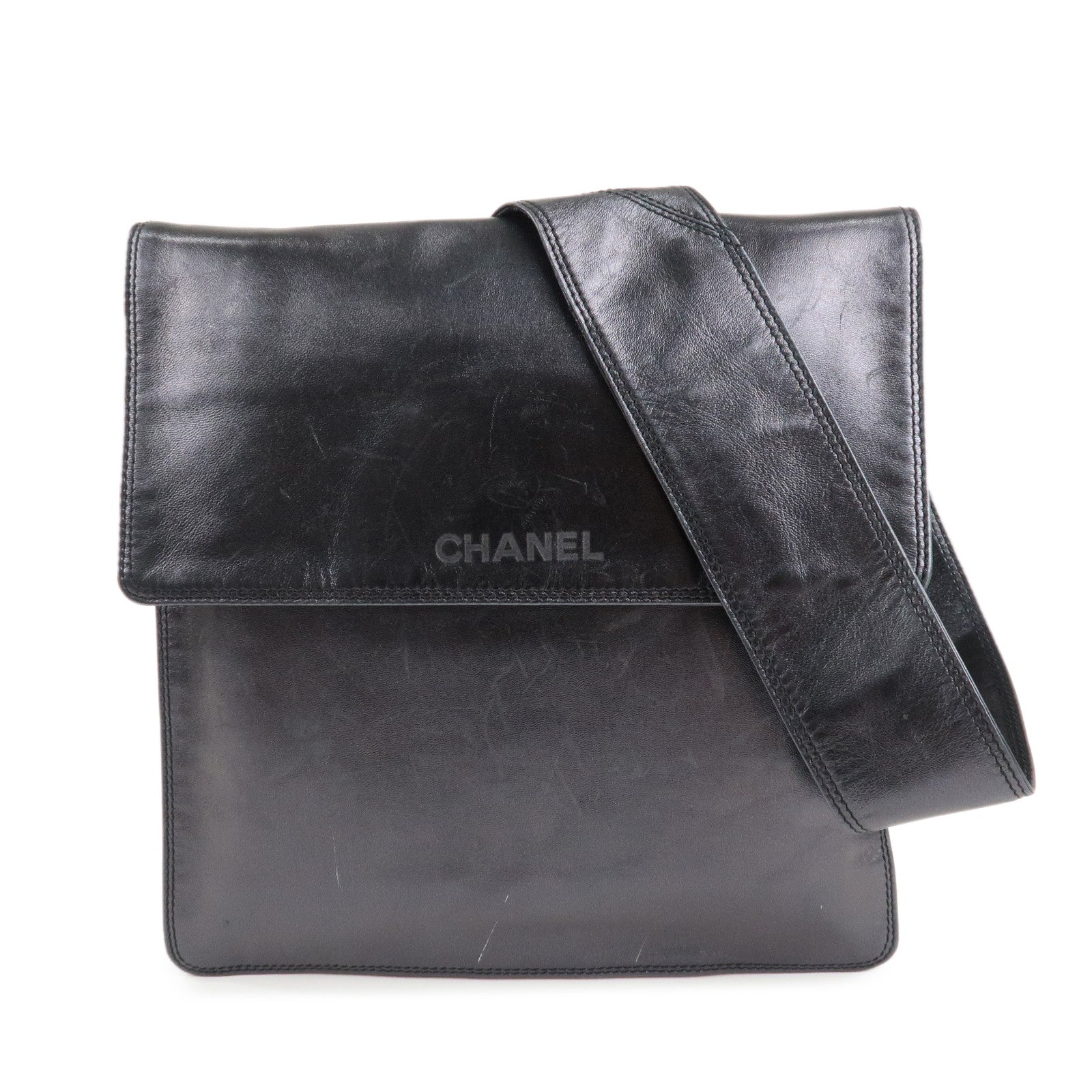 CHANEL-Leather-Logo-Shoulder-Bag-Hand-Bag-Black