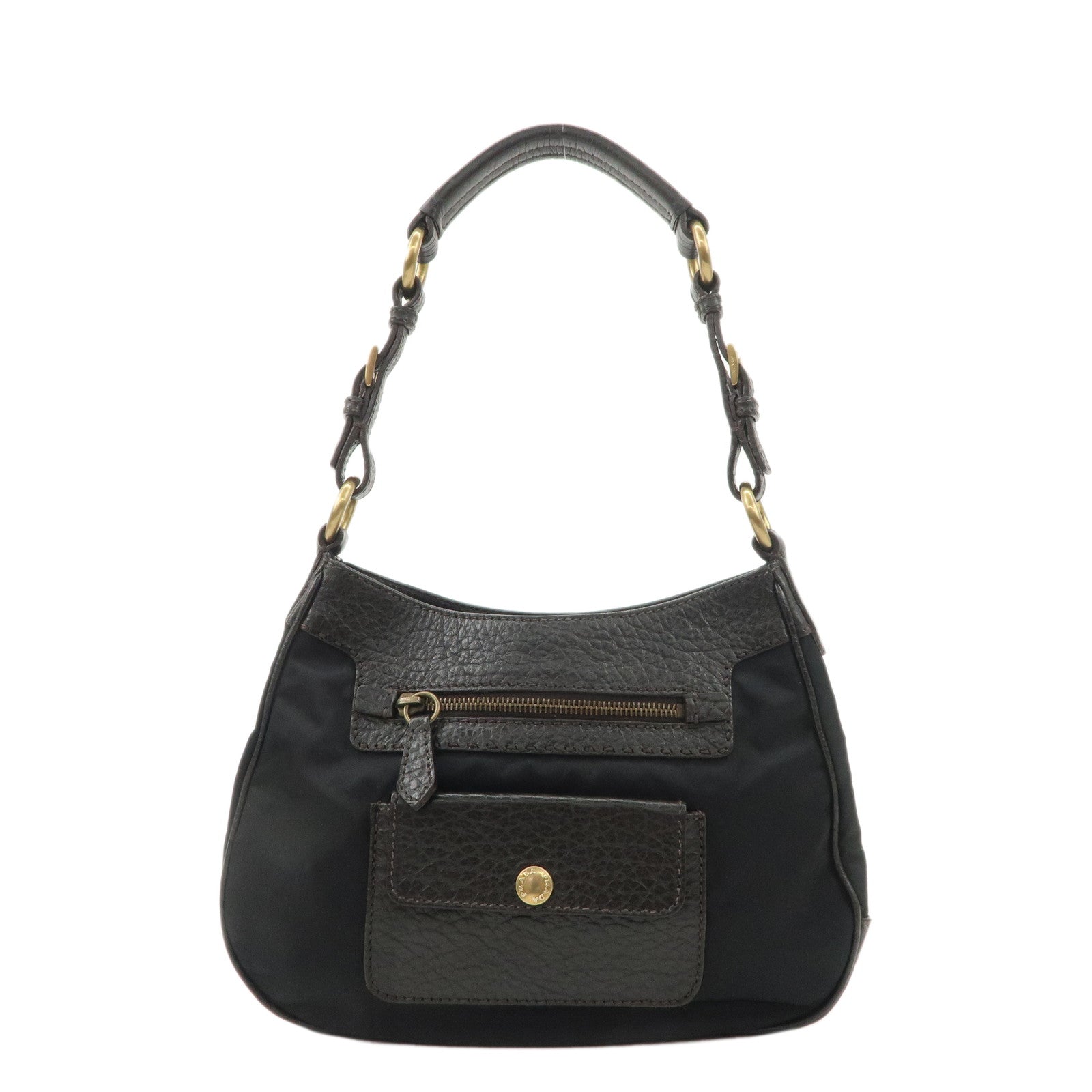 PRADA-Nylon-Leather-Shoulder-Bag-Black-Dark-Brown-BR1973