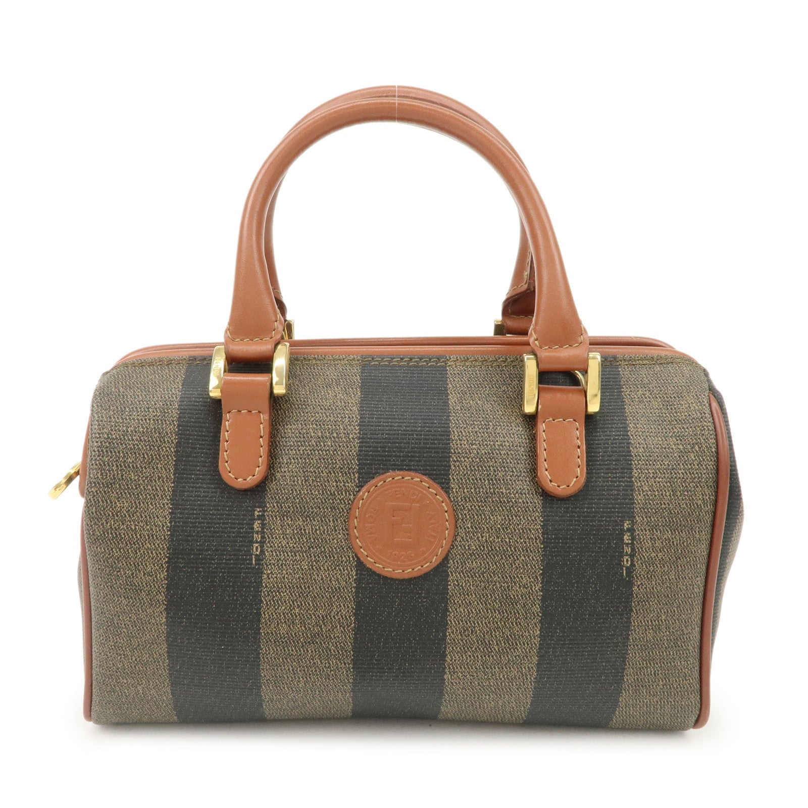 FENDI-Pequin-PVC-Leather-2Way-Mini-Boston-Bag-Brown-Black