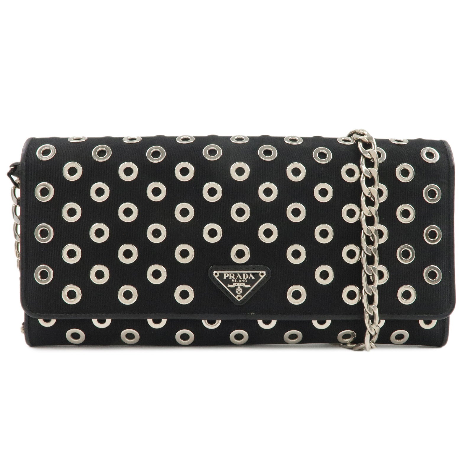 PRADA-Grommet-Nylon-Leather-Chain-Long-Wallet-Black-Silver-HDW