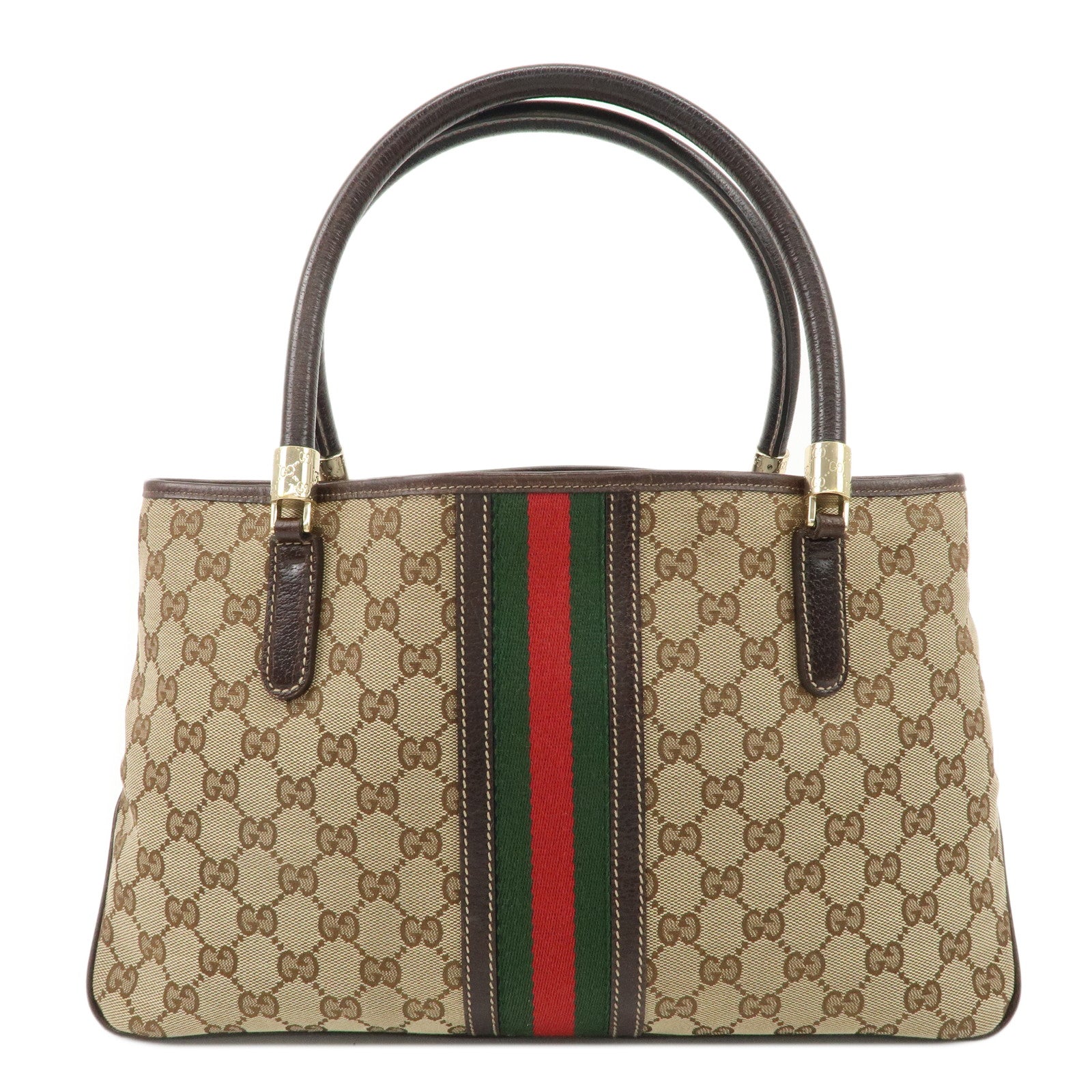 GUCCI-Sherry-GG-Canvas-Leather-Tote-Bag-Beige-Brown-161717