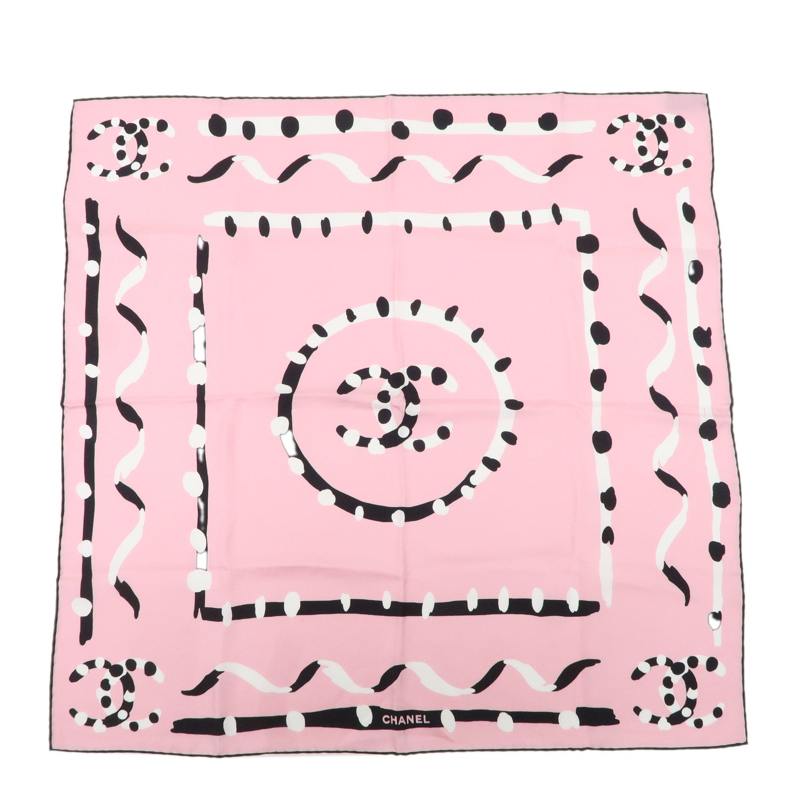 CHANEL-COCO-Mark-Scarf-Silk-100-%-Pink-Black-White