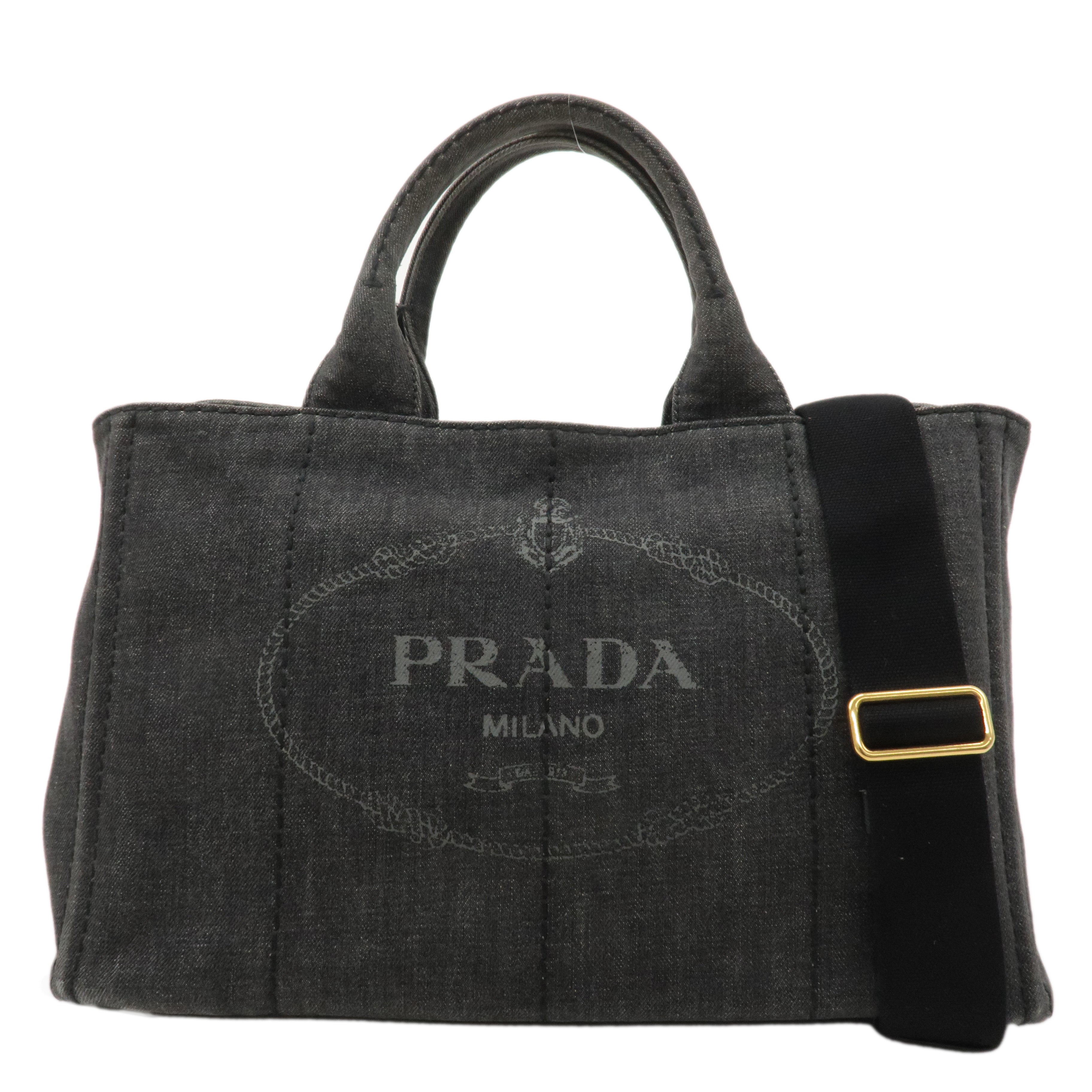 PRADA Logo Canapa Denim 2Way Bag Hand Bag Shoulder Bag Black