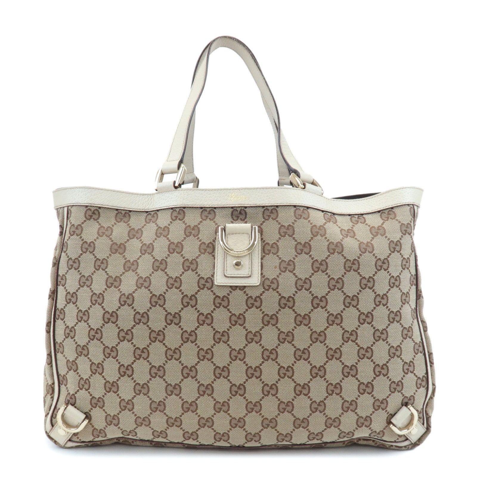 GUCCI-Abbey-Line-GG-Canvas-Leather-Tote-Bag-Beige-141472