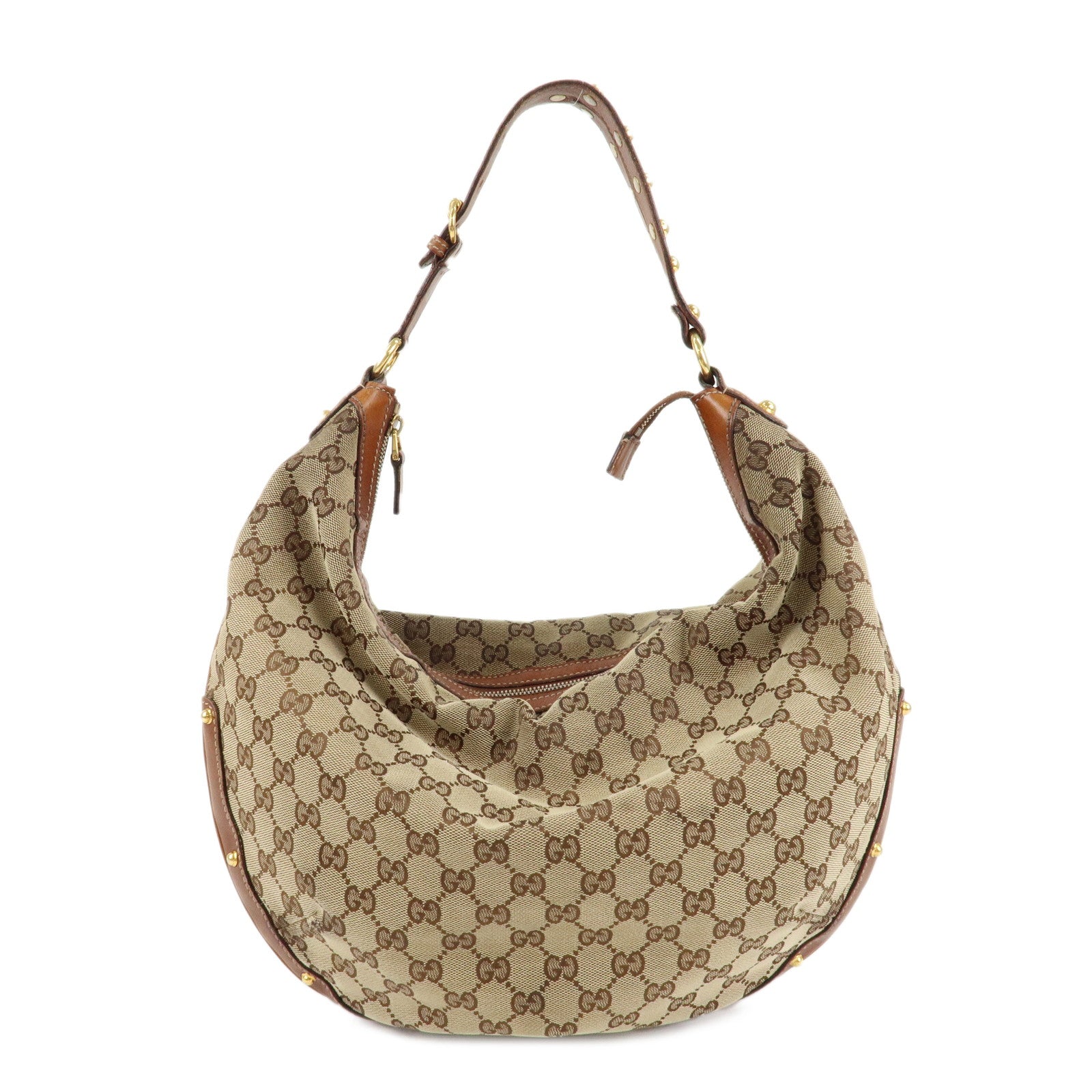 GUCCI-GG-Canvas-Leather-Studded-Shoulder-Bag-Brown-159406