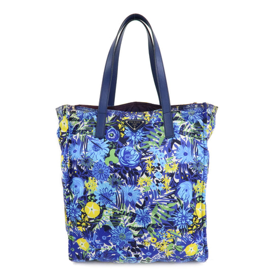 PRADA-Logo-Nylon-Leather-Tote-Bag-Floral-Print-Blue-BN2851